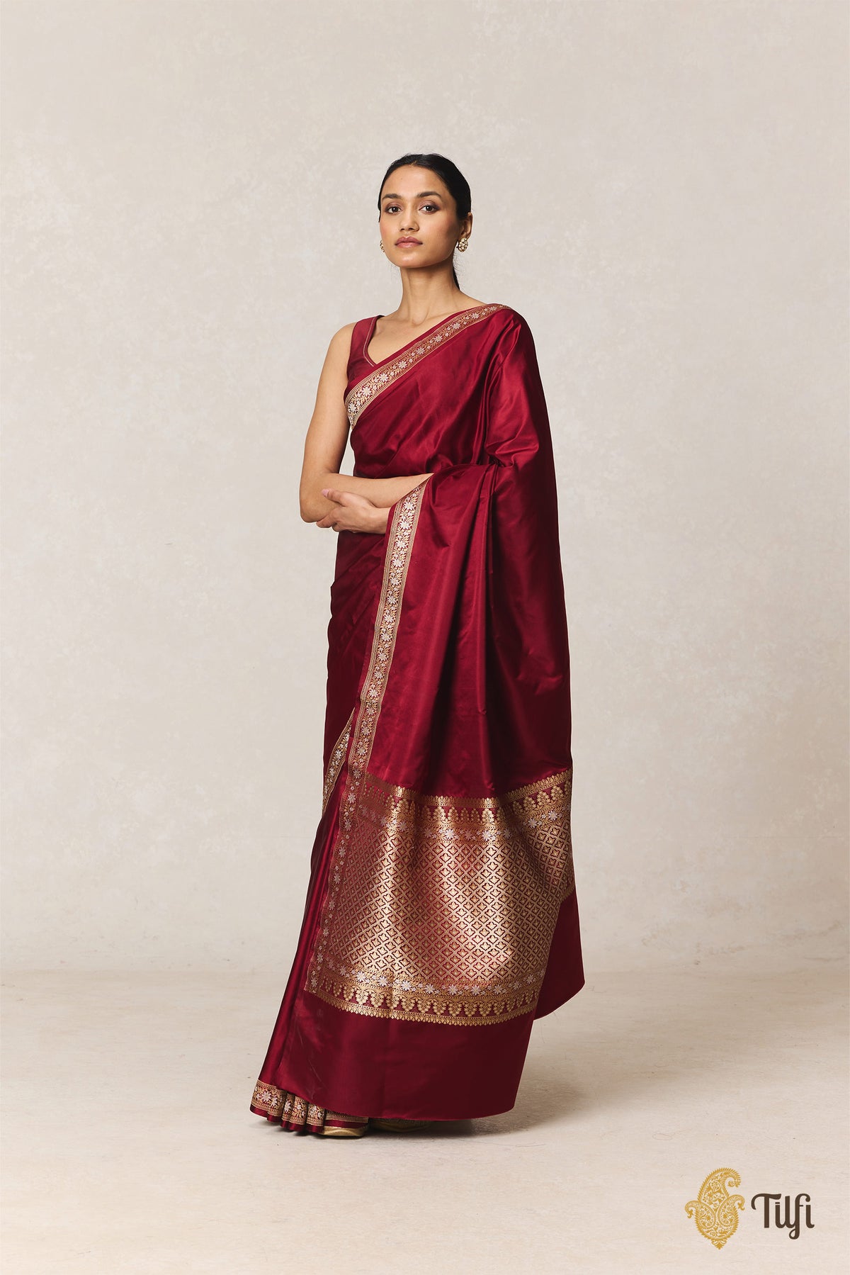 'Maya' Deep Maroon Pure Soft Satin Silk Banarasi Handloom Saree