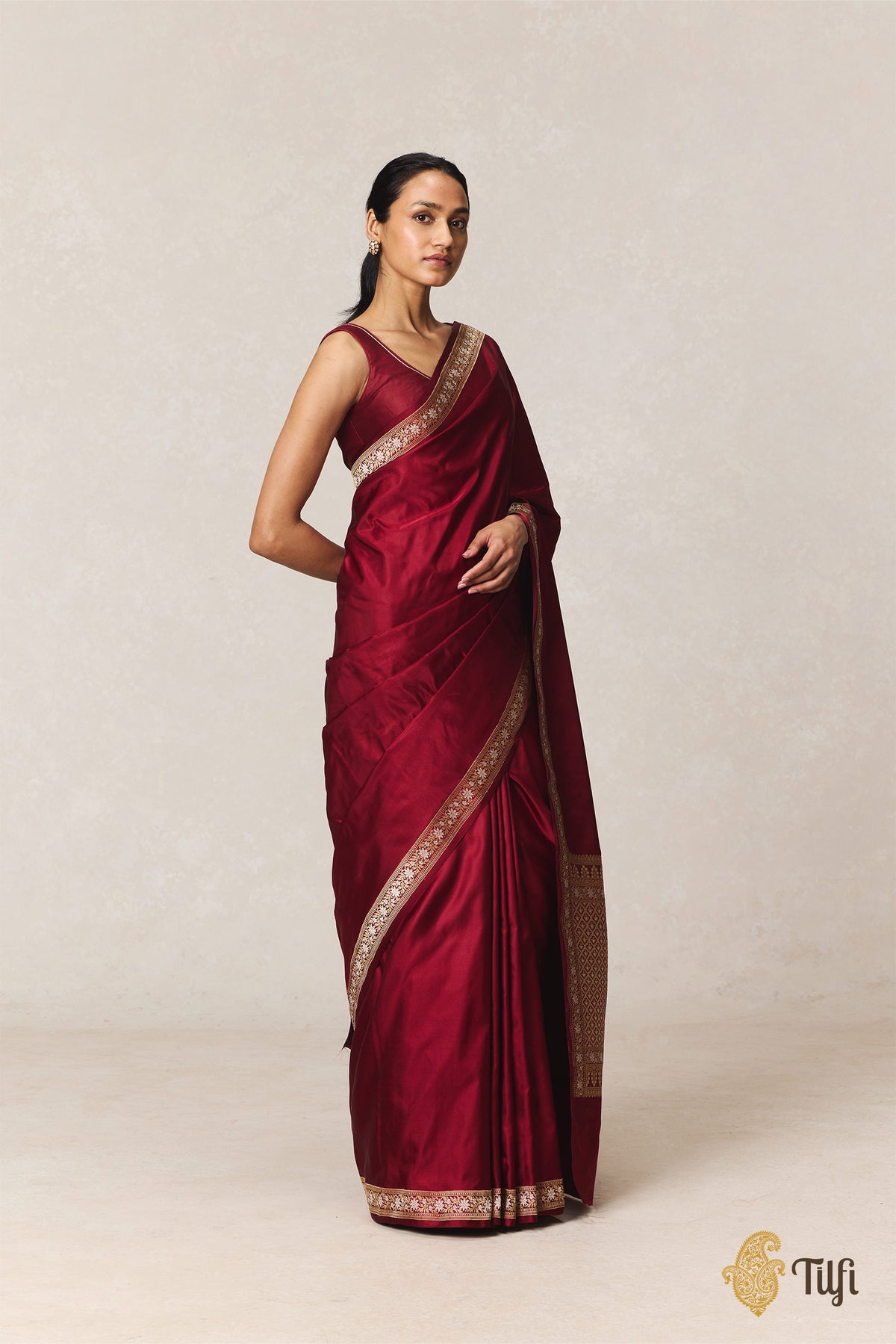 'Maya' Deep Maroon Pure Soft Satin Silk Banarasi Handloom Saree