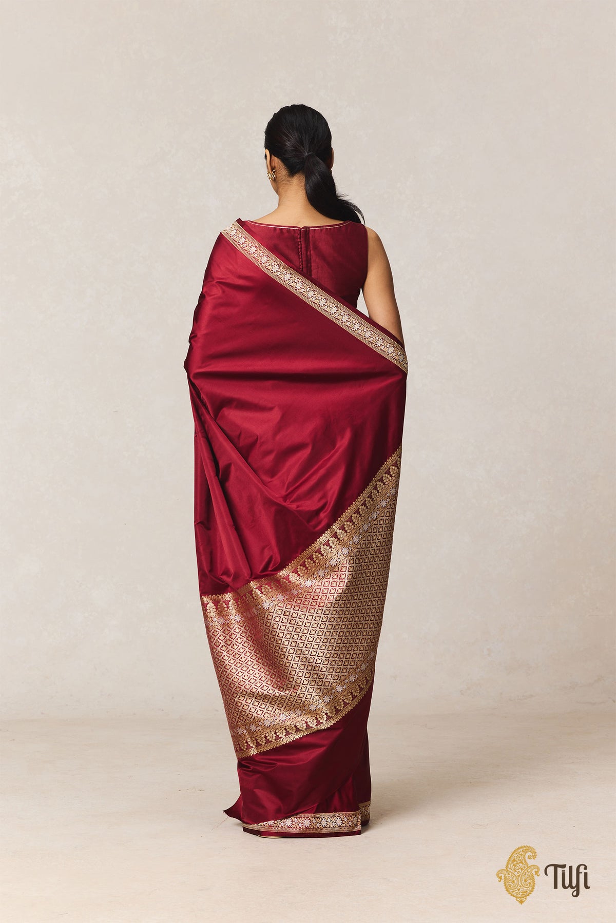 'Maya' Deep Maroon Pure Soft Satin Silk Banarasi Handloom Saree