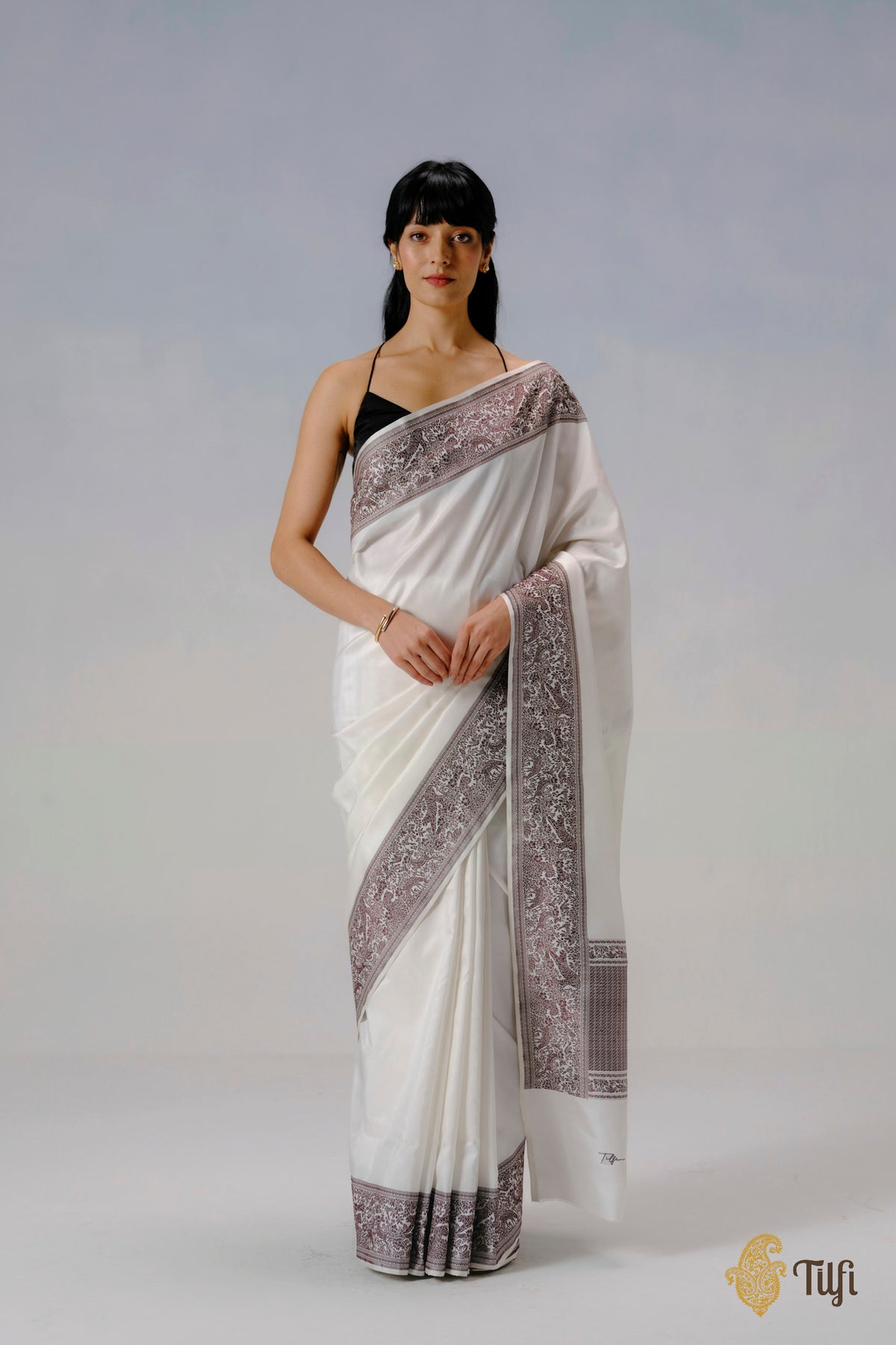 Pre-Order: 'The Canopy' White Pure Katan Silk Banarasi Shikargah Handloom Saree