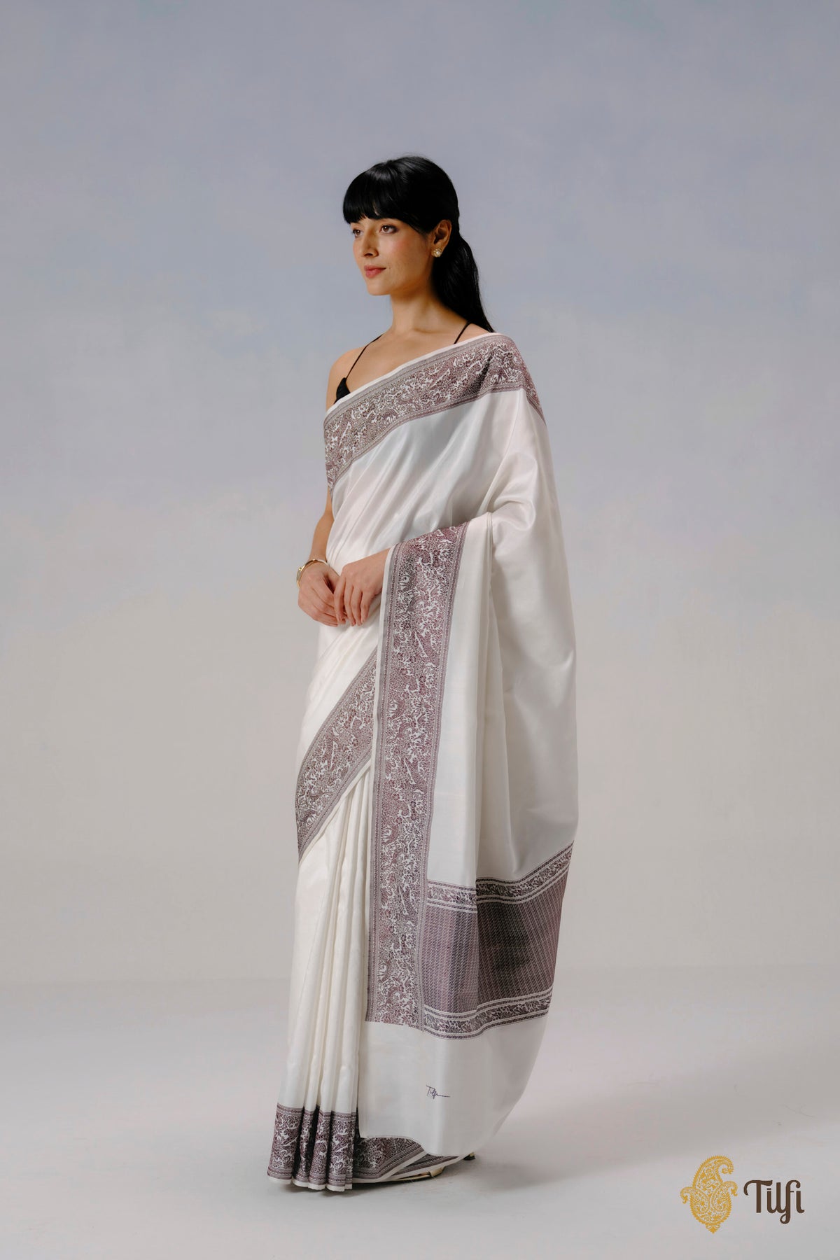 Pre-Order: 'The Canopy' White Pure Katan Silk Banarasi Shikargah Handloom Saree