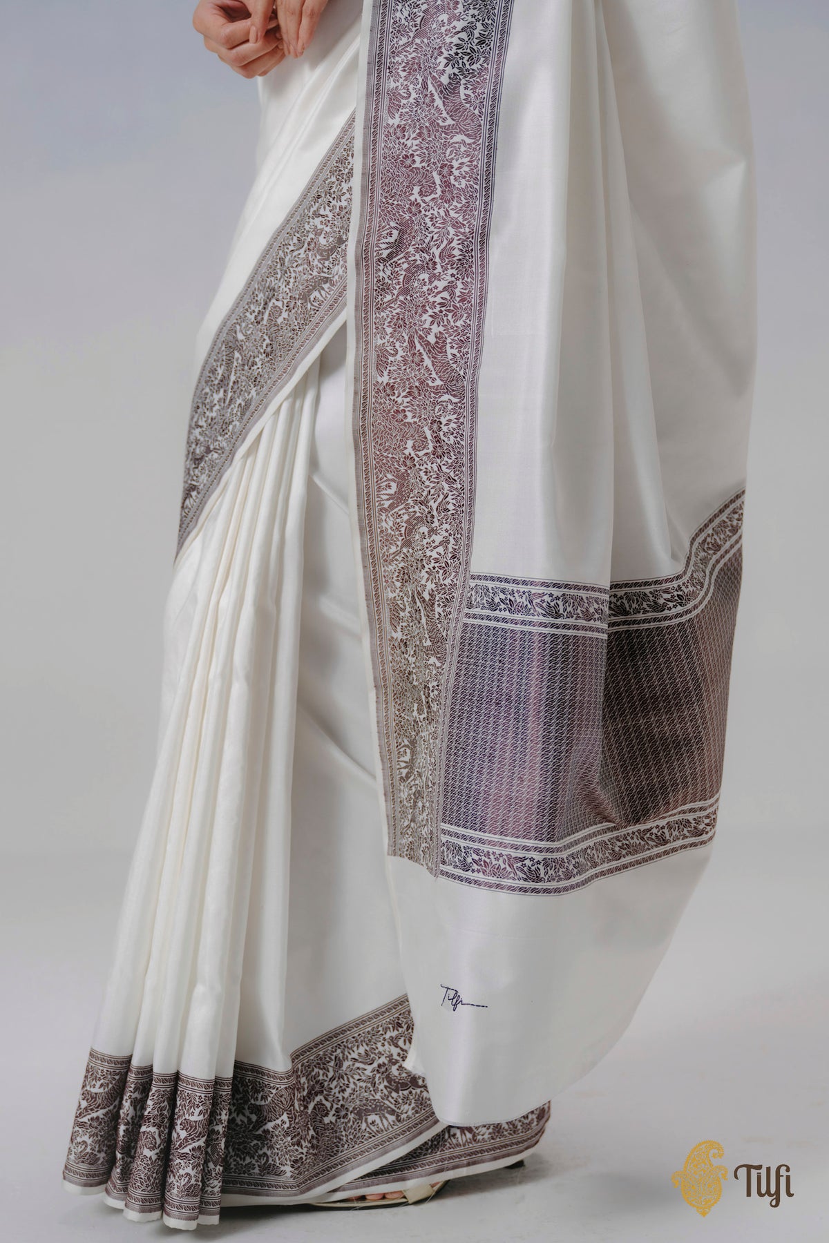 Pre-Order: 'The Canopy' White Pure Katan Silk Banarasi Shikargah Handloom Saree