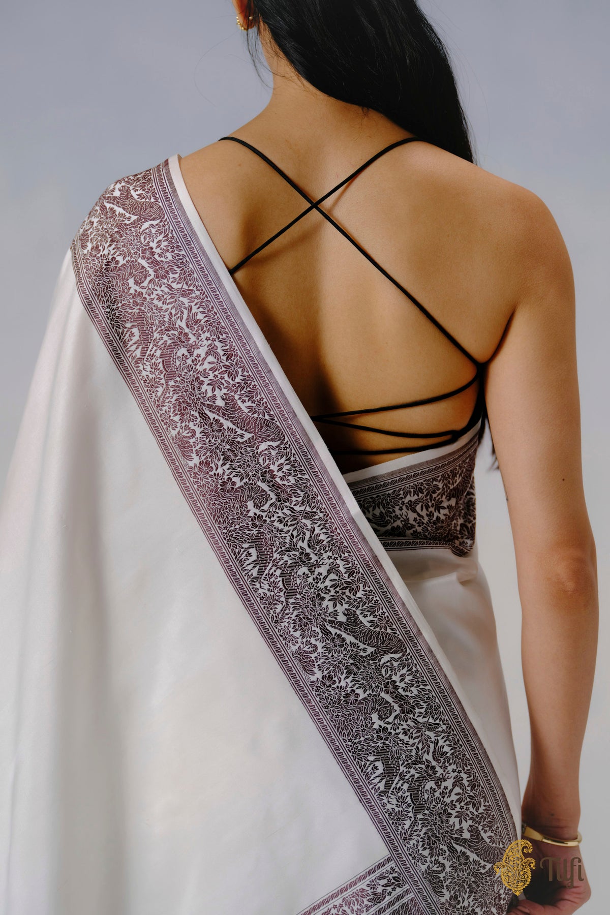 Pre-Order: 'The Canopy' White Pure Katan Silk Banarasi Shikargah Handloom Saree