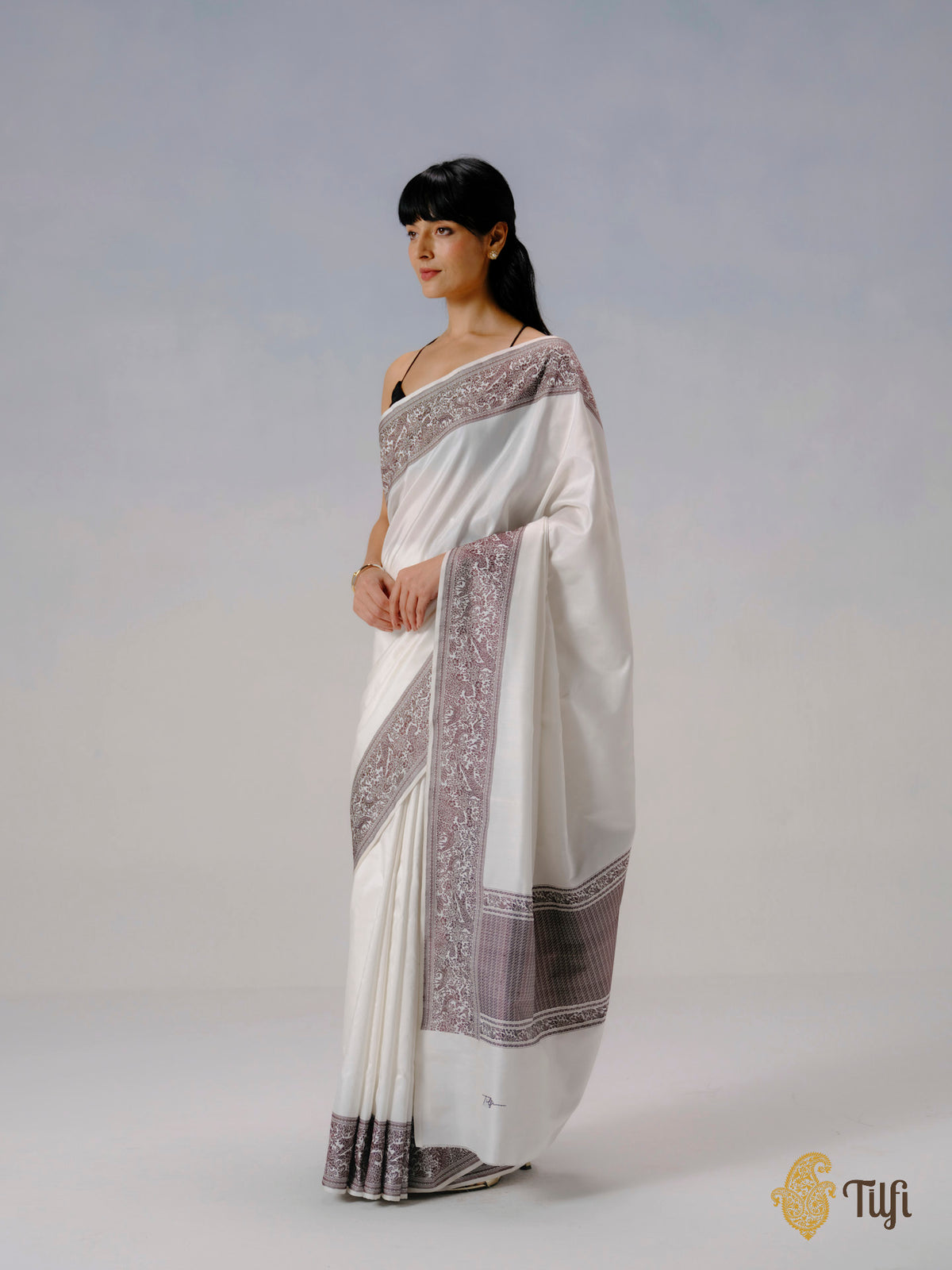 Pre-Order: 'The Canopy' White Pure Katan Silk Banarasi Shikargah Handloom Saree