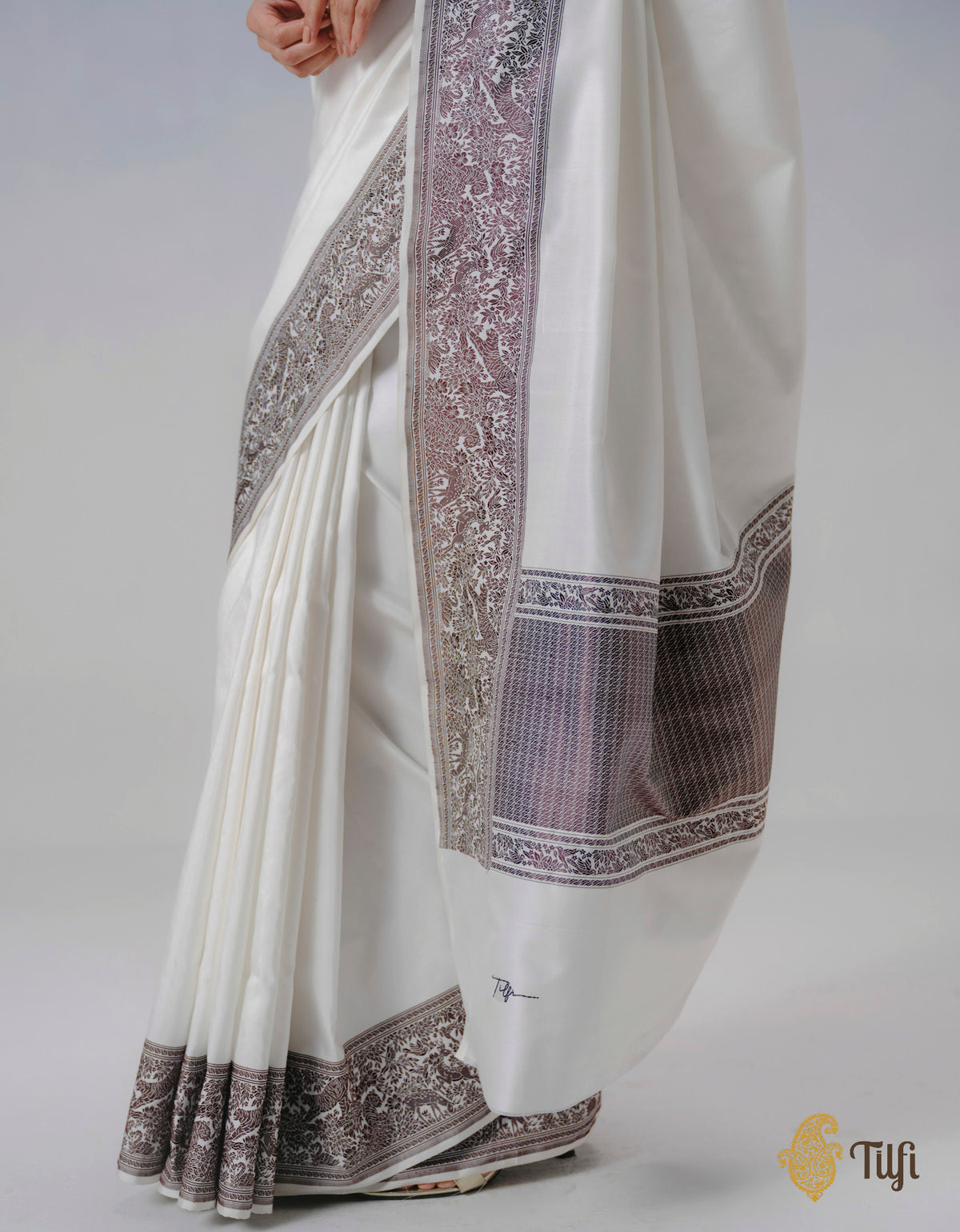 Pre-Order: 'The Canopy' White Pure Katan Silk Banarasi Shikargah Handloom Saree