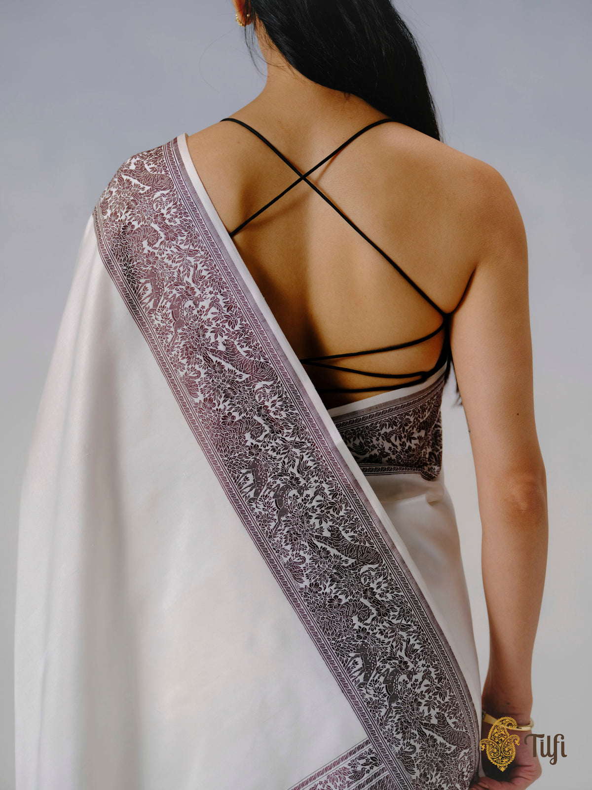 Pre-Order: 'The Canopy' White Pure Katan Silk Banarasi Shikargah Handloom Saree