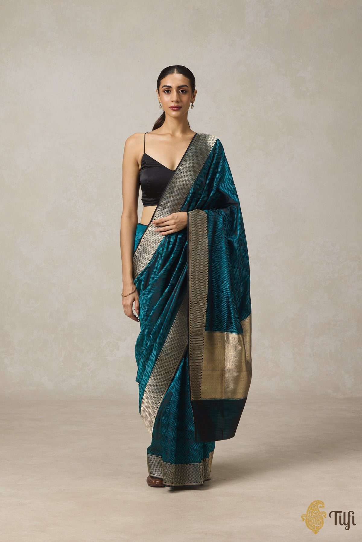 Black-Blue Pure Satin Silk Banarasi Tanchoi Handloom Saree