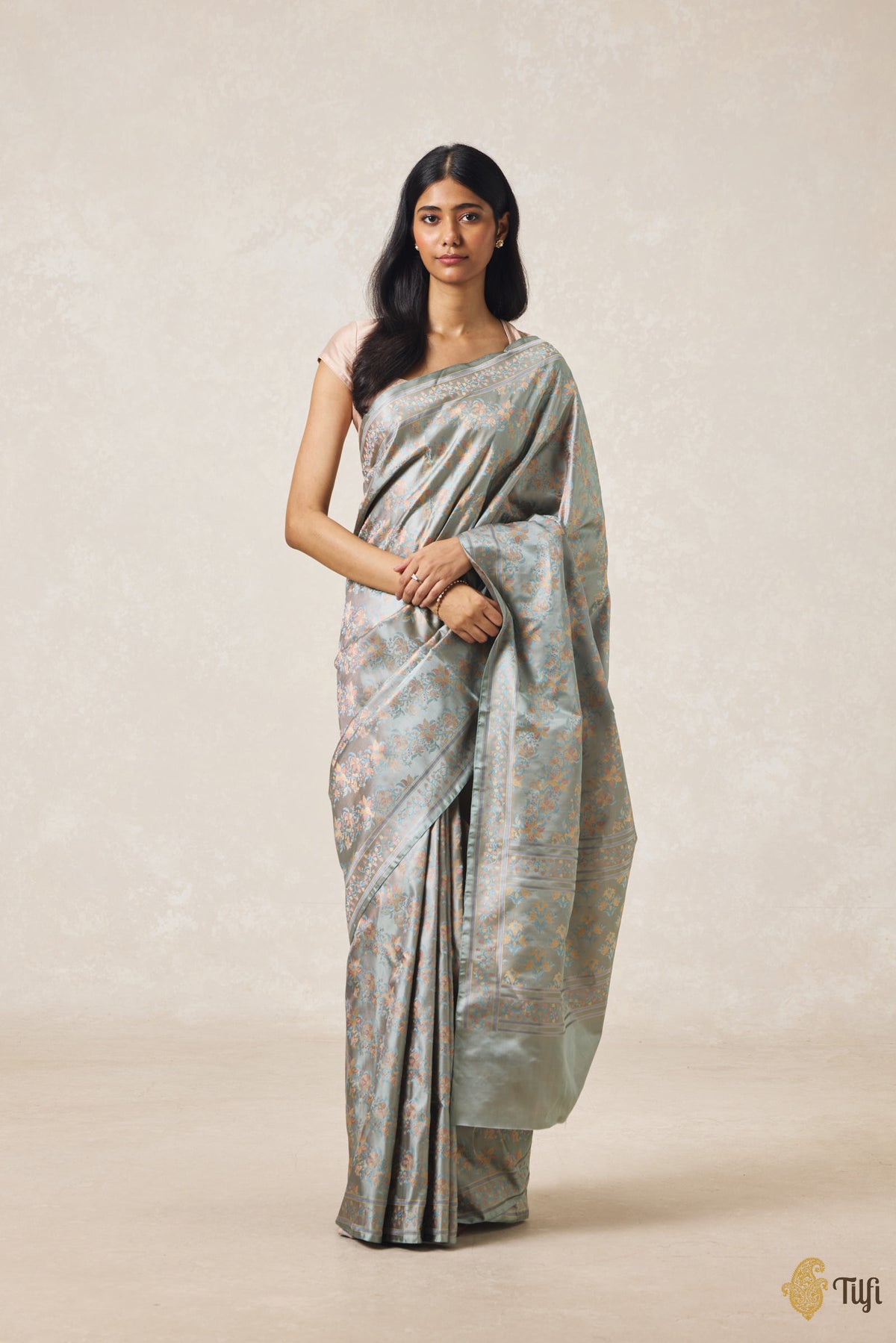 'First Bloom' Dusty Blue Pure Soft Satin Silk Banarasi Handloom Saree