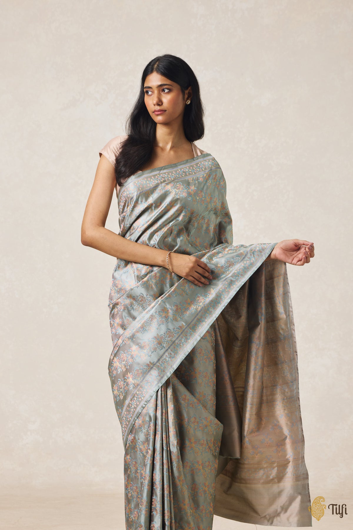 'First Bloom' Dusty Blue Pure Soft Satin Silk Banarasi Handloom Saree
