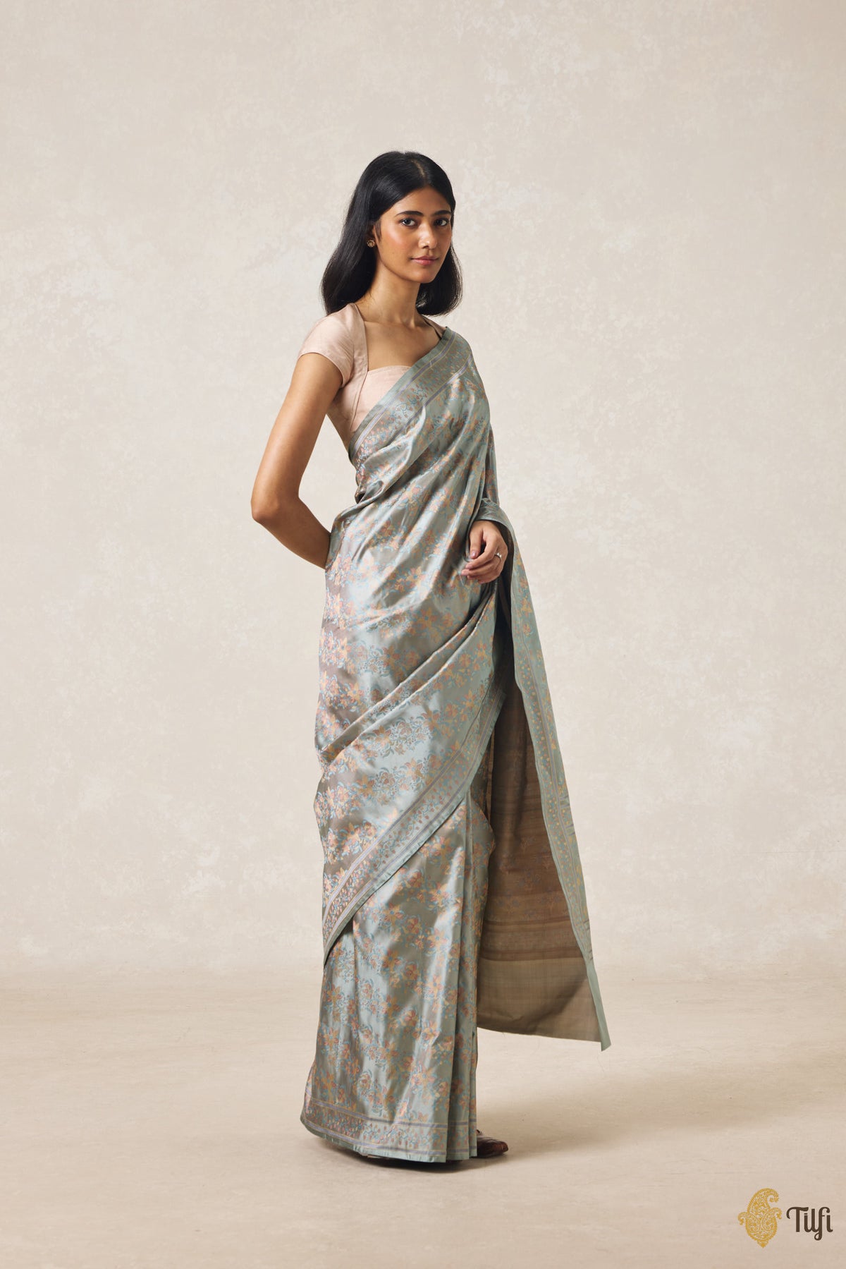 'First Bloom' Dusty Blue Pure Soft Satin Silk Banarasi Handloom Saree