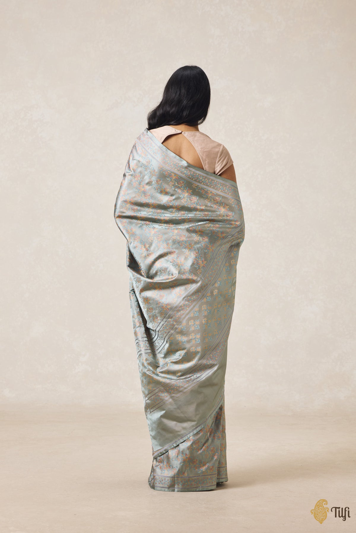 'First Bloom' Dusty Blue Pure Soft Satin Silk Banarasi Handloom Saree