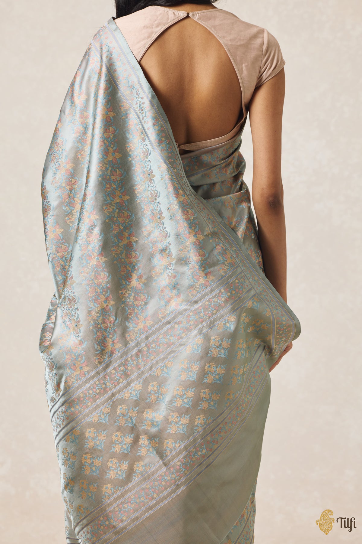 'First Bloom' Dusty Blue Pure Soft Satin Silk Banarasi Handloom Saree
