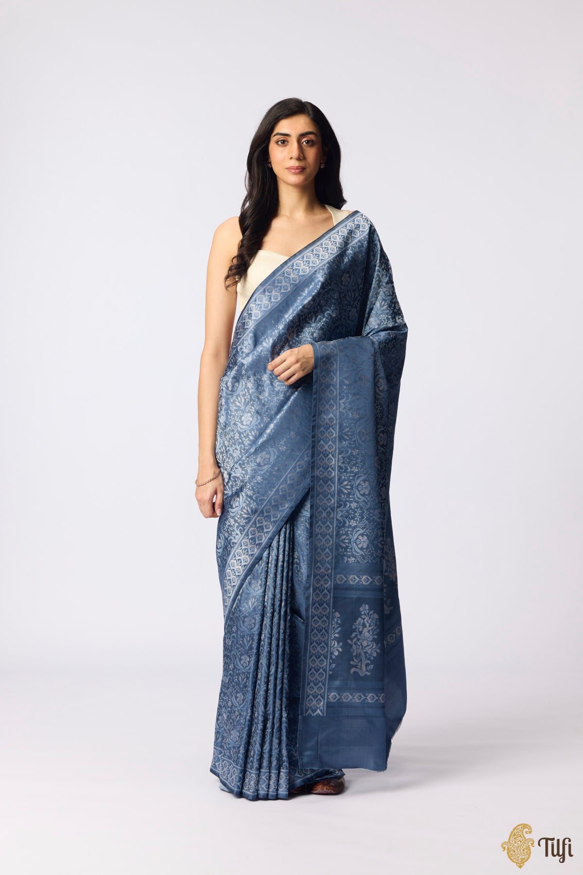 Pre-Order: 'Iris Reverie' Navy Blue Pure Soft Satin Silk Banarasi Handloom Saree