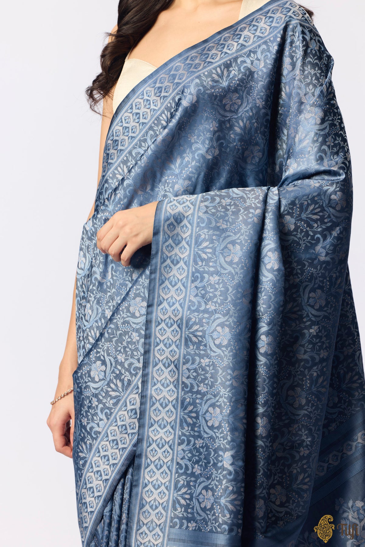 Pre-Order: 'Iris Reverie' Navy Blue Pure Soft Satin Silk Banarasi Handloom Saree