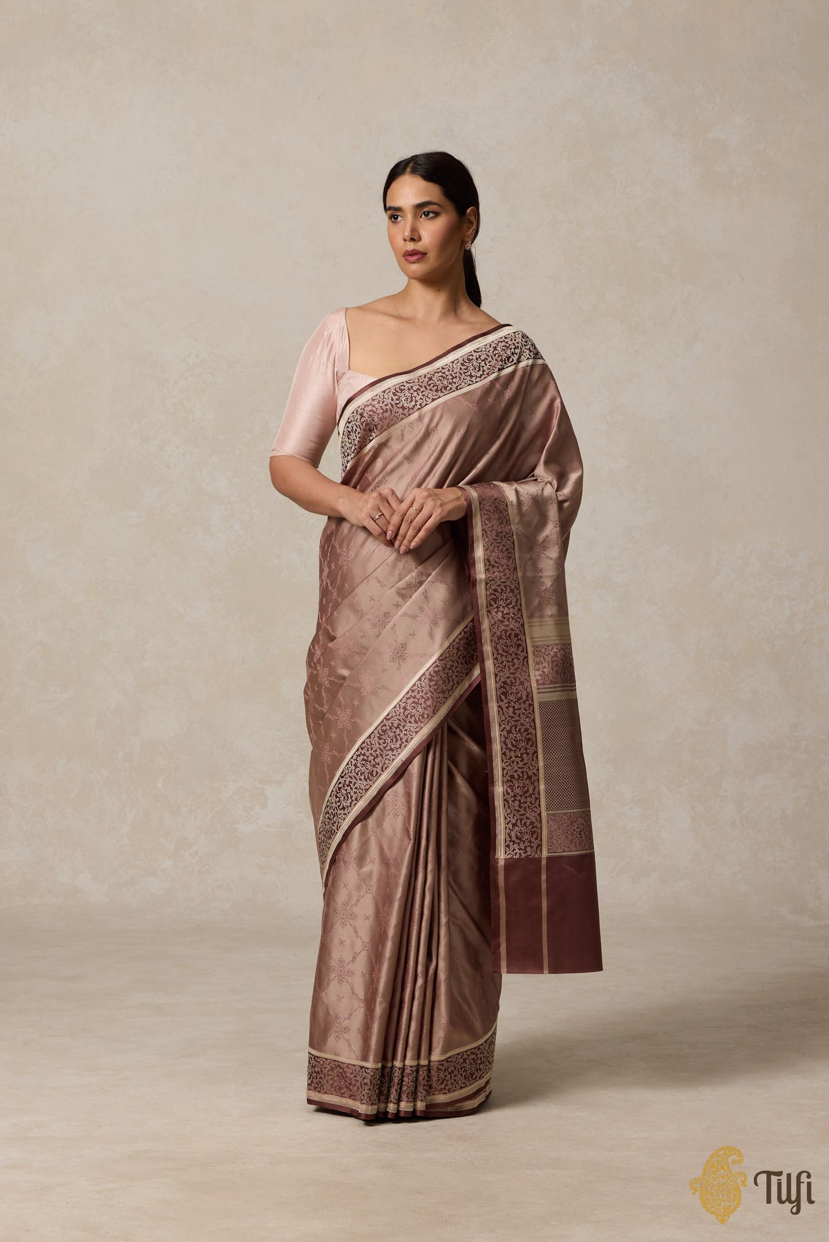 Brown Pure Soft Satin Tanchoi Banarasi Handloom Saree