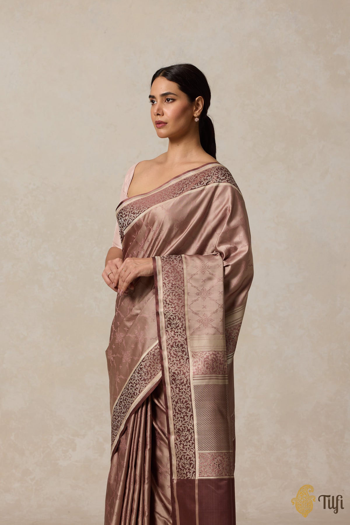 Brown Pure Soft Satin Tanchoi Banarasi Handloom Saree