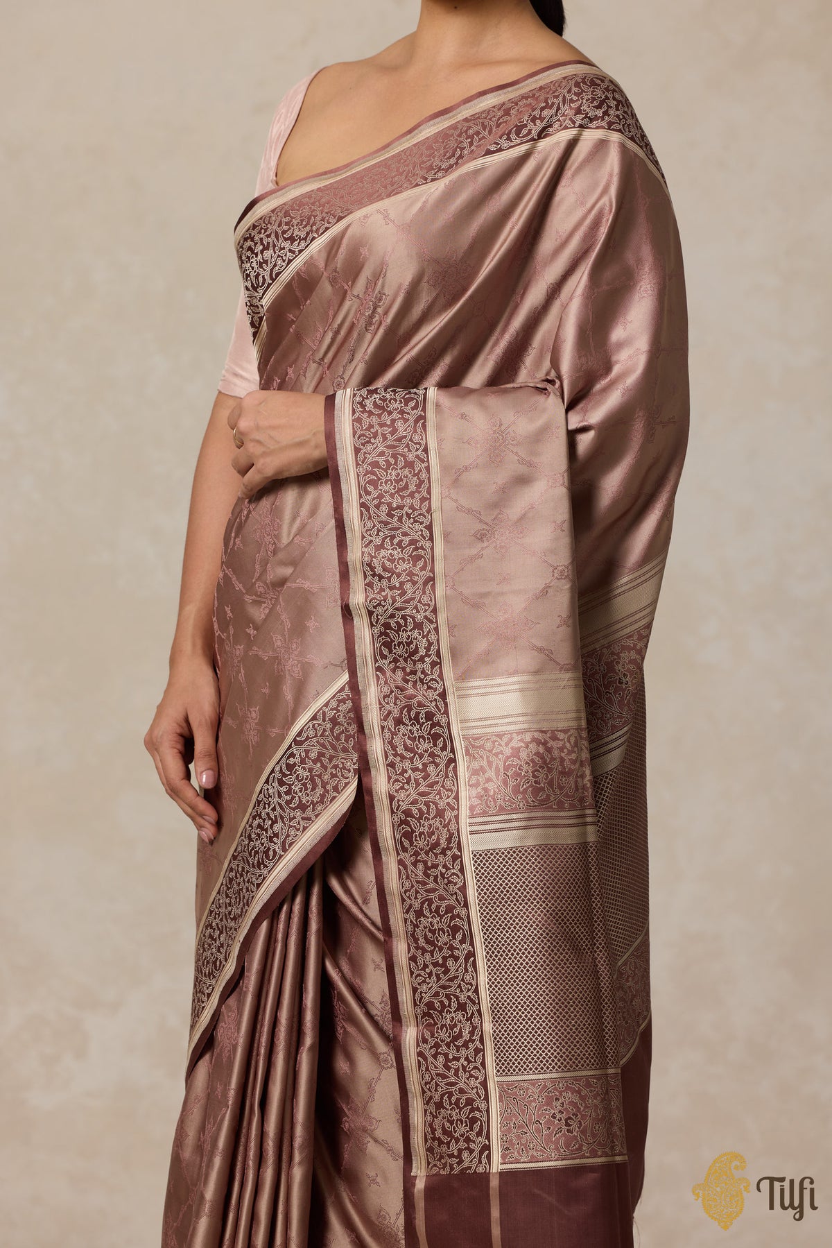 Brown Pure Soft Satin Tanchoi Banarasi Handloom Saree