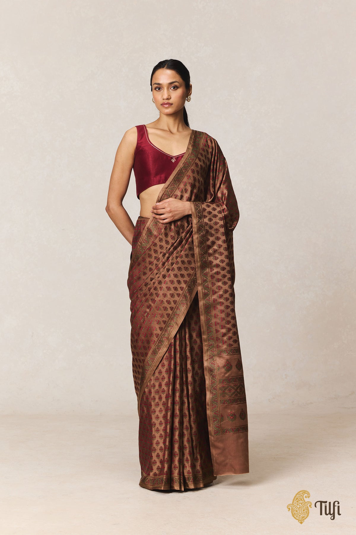 Brown Pure Satin Silk Banarasi Tanchoi Handloom Saree