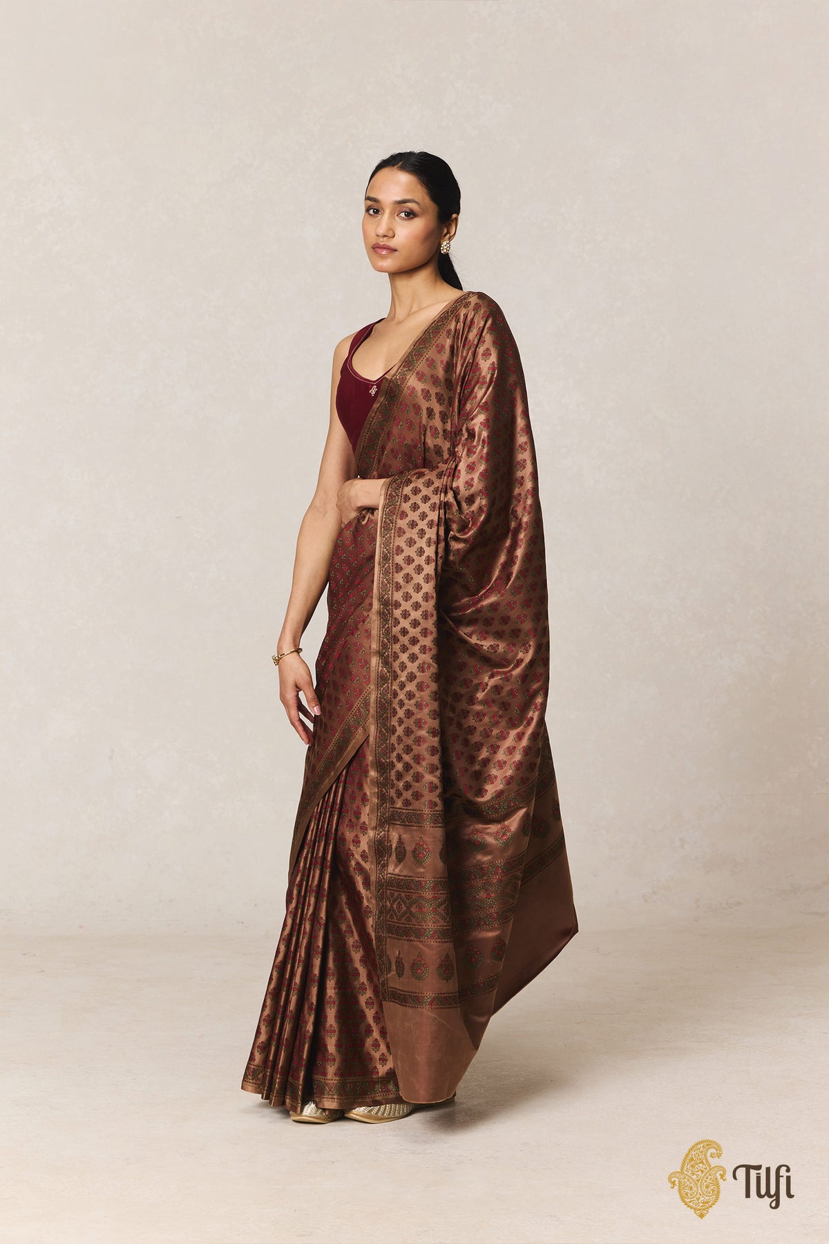 Brown Pure Satin Silk Banarasi Tanchoi Handloom Saree