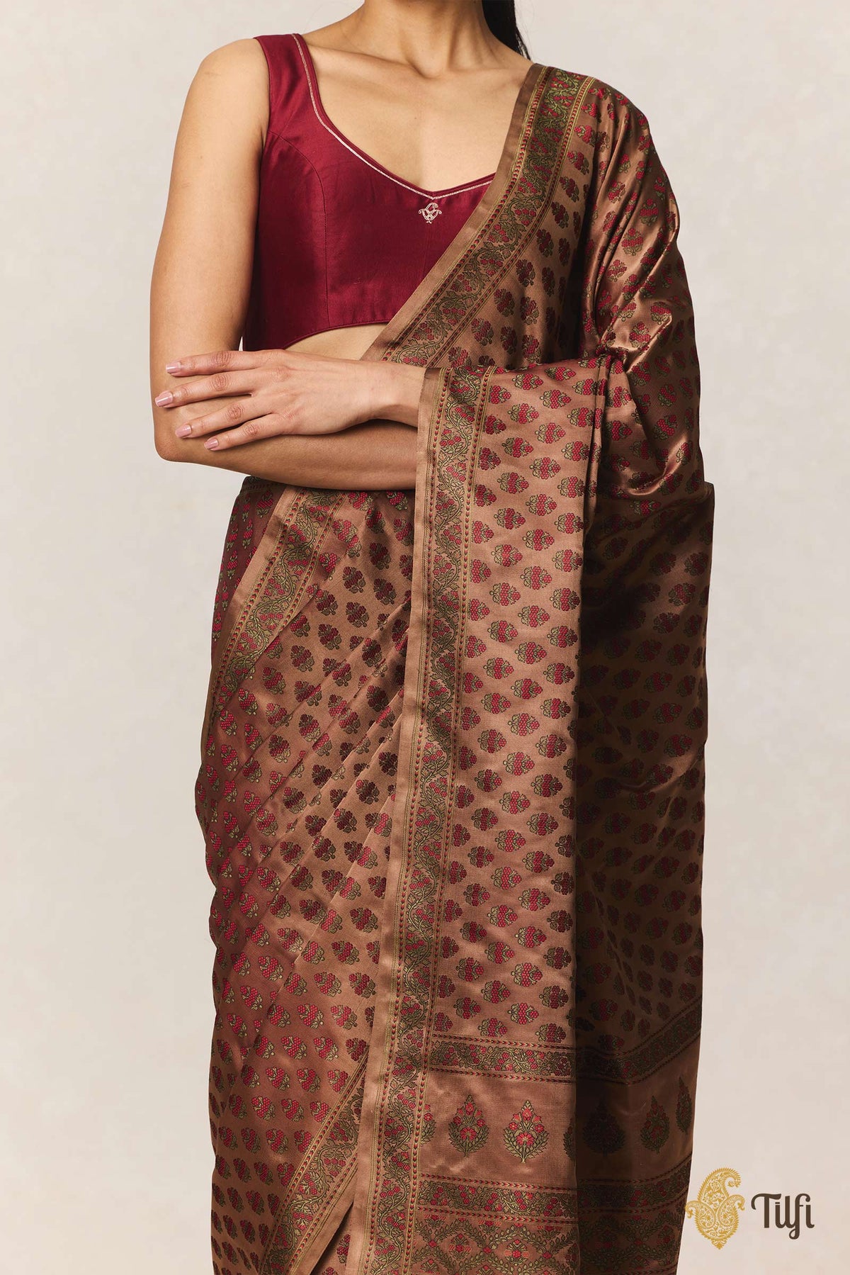 Brown Pure Satin Silk Banarasi Tanchoi Handloom Saree
