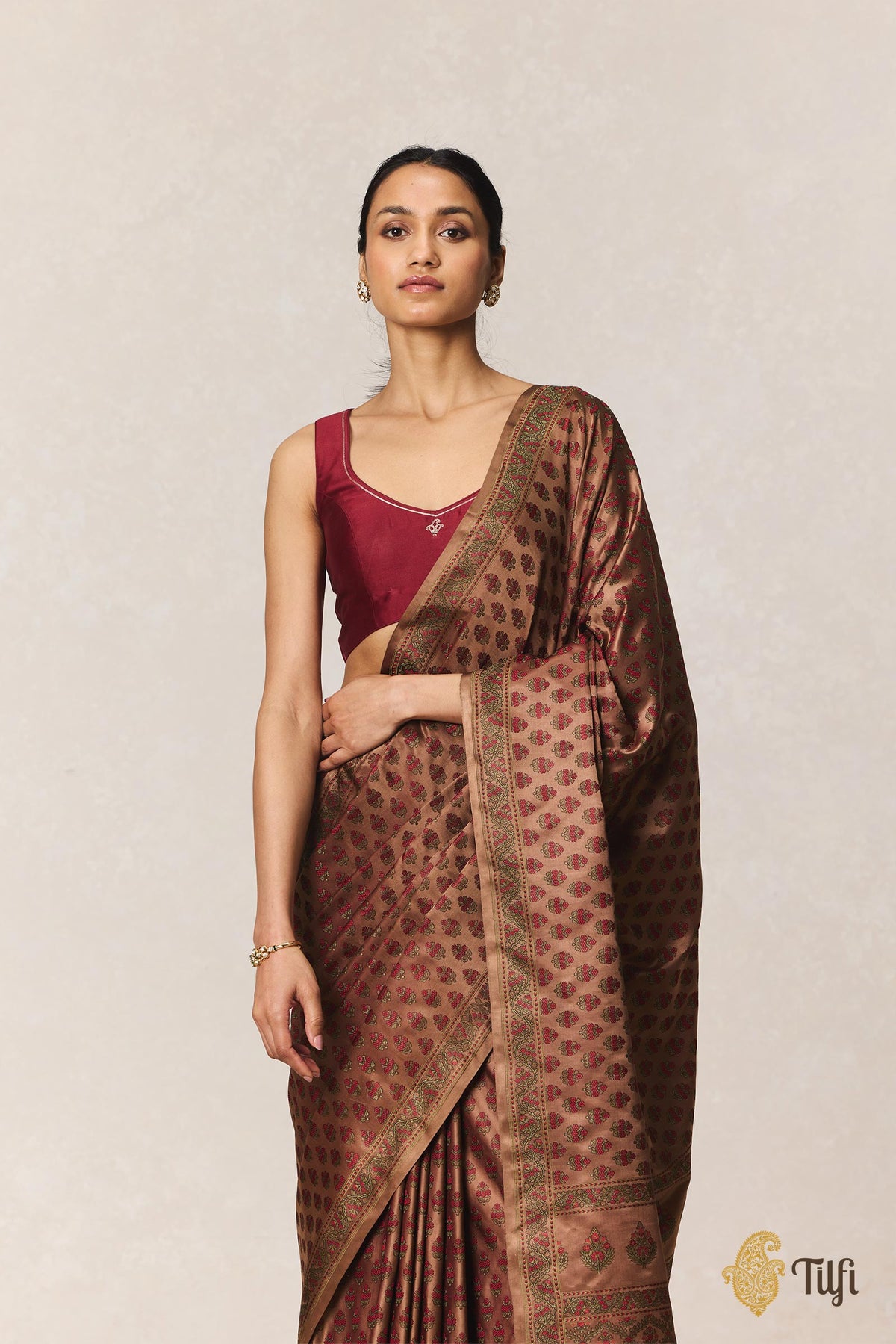 Brown Pure Satin Silk Banarasi Tanchoi Handloom Saree