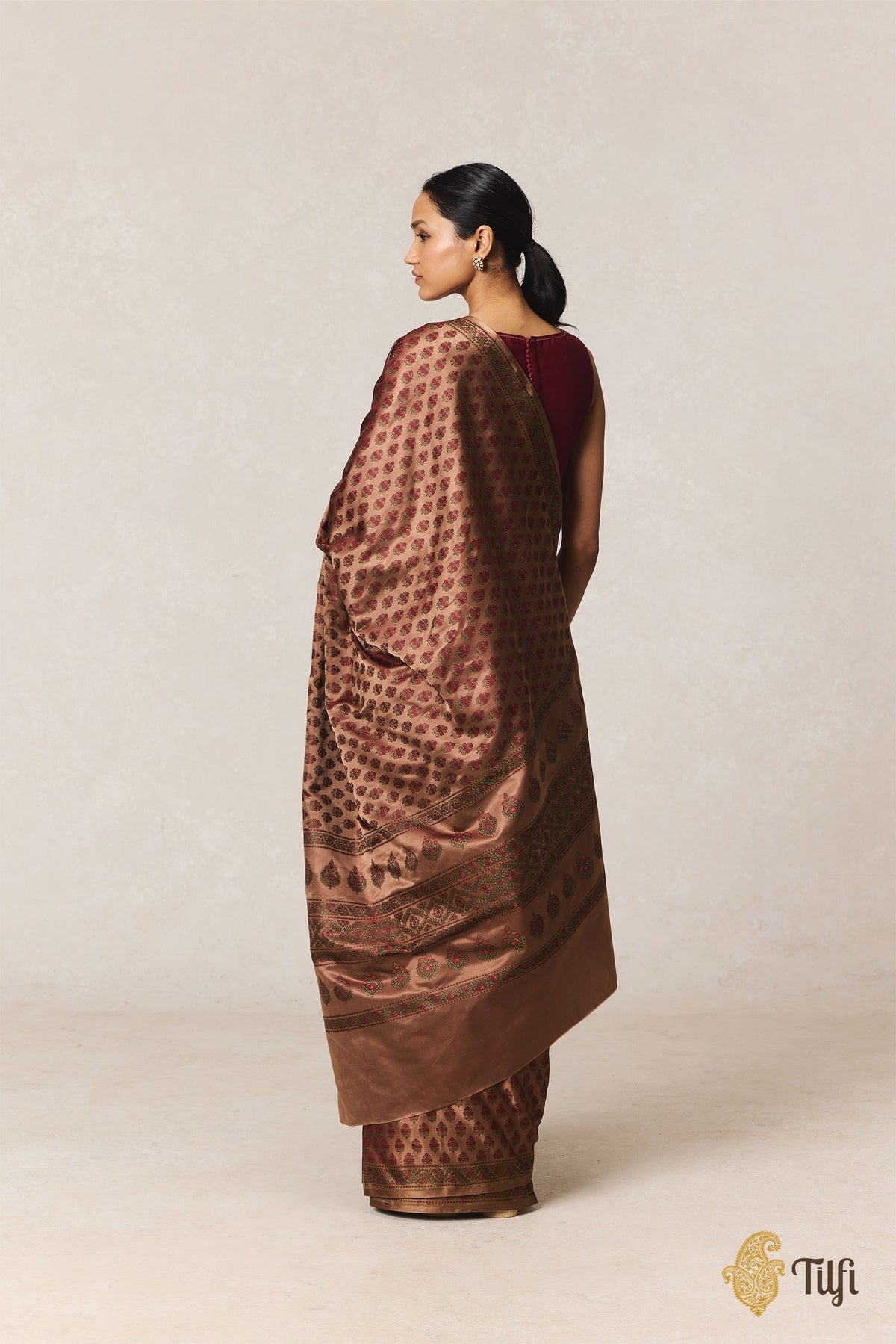 Brown Pure Satin Silk Banarasi Tanchoi Handloom Saree