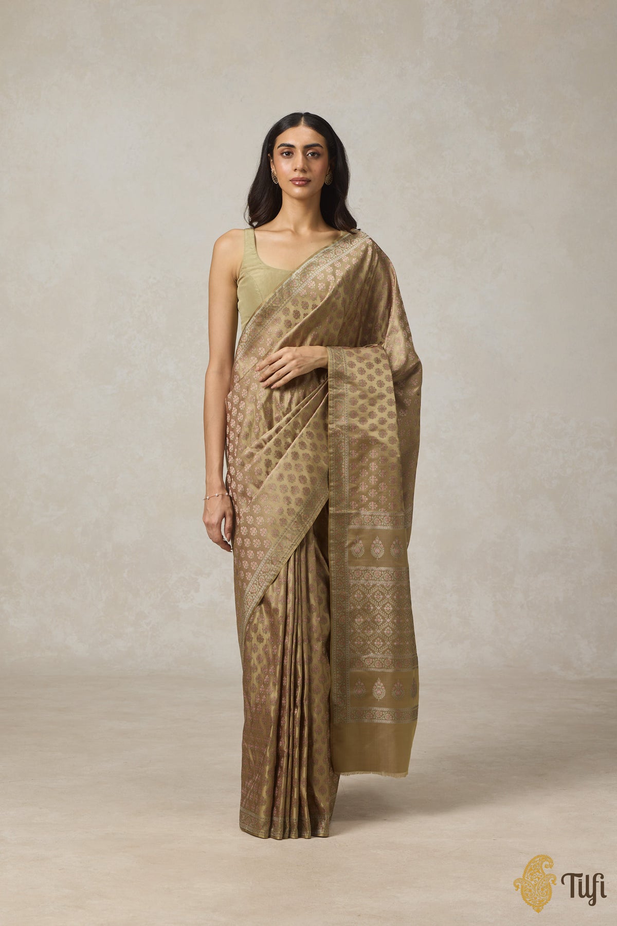 Olive Pure Satin Silk Banarasi Tanchoi Handloom Saree