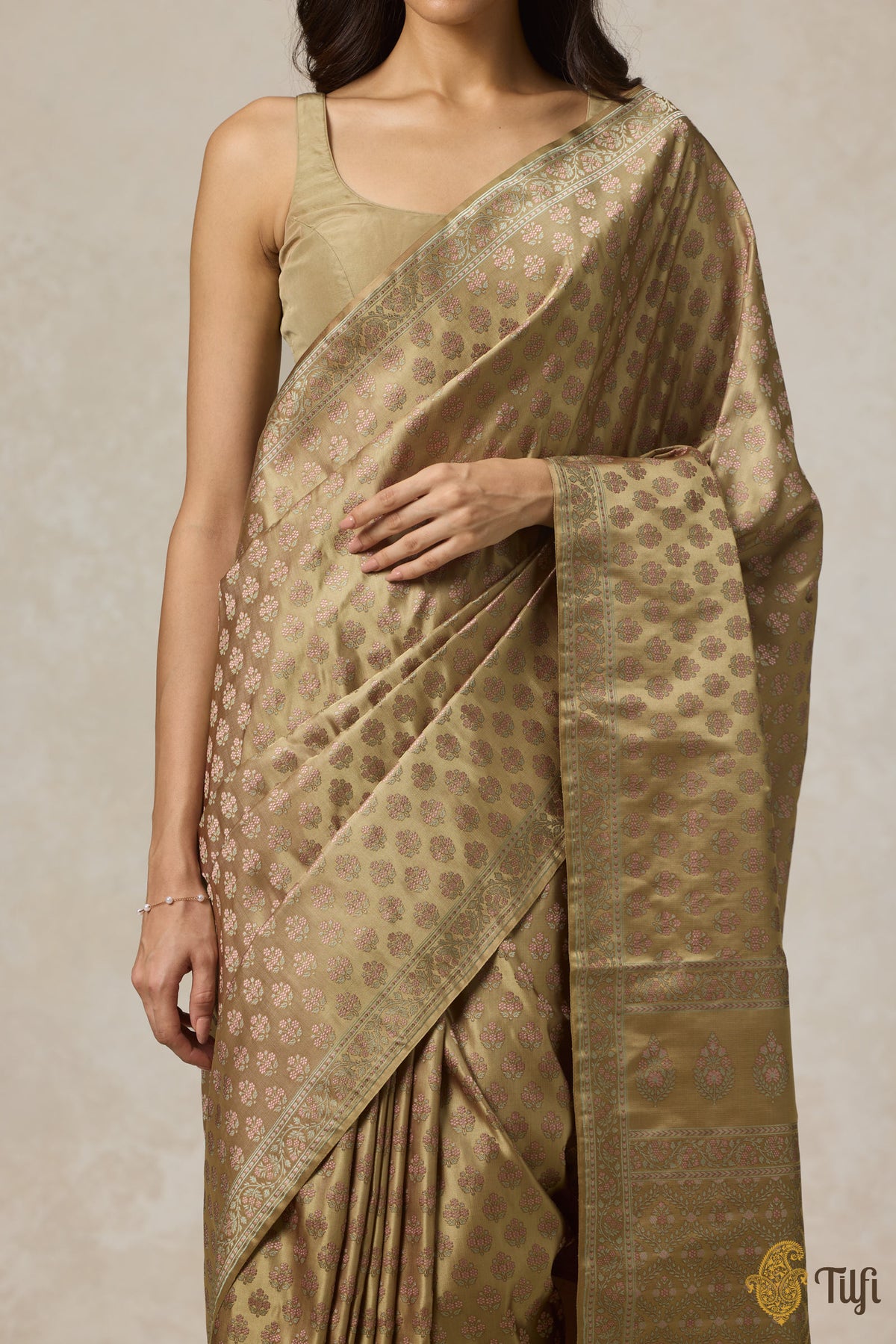 Olive Pure Satin Silk Banarasi Tanchoi Handloom Saree