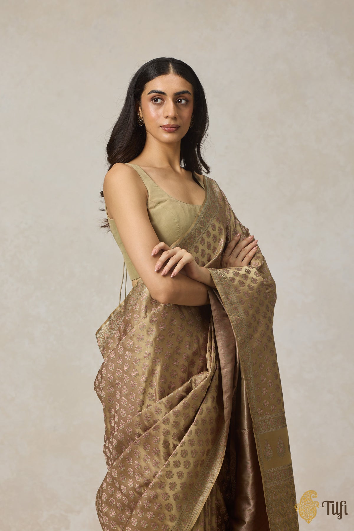 Olive Pure Satin Silk Banarasi Tanchoi Handloom Saree