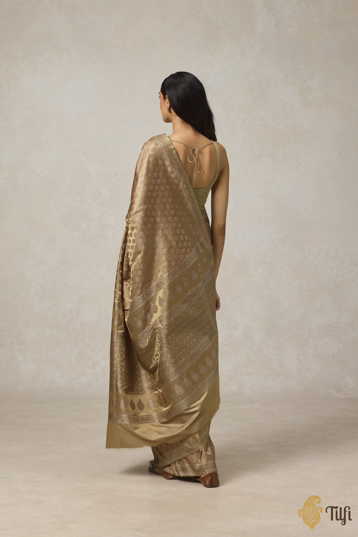 Olive Pure Satin Silk Banarasi Tanchoi Handloom Saree