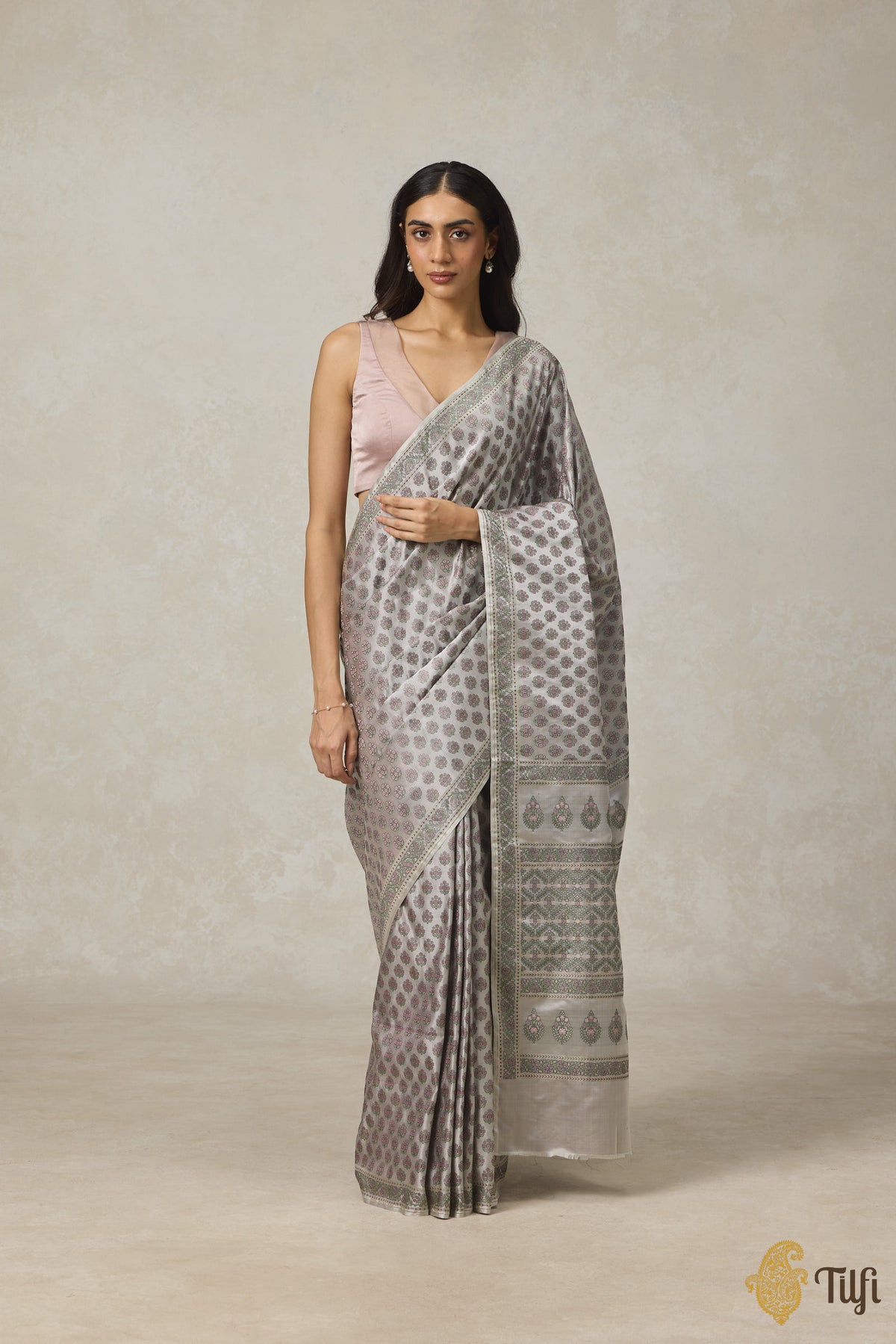 Grey-Green Pure Satin Silk Banarasi Tanchoi Handloom Saree