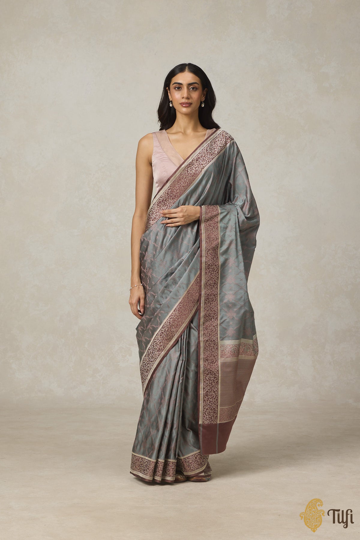 Blue-Grey Brown Pure Soft Satin Tanchoi Banarasi Handloom Saree