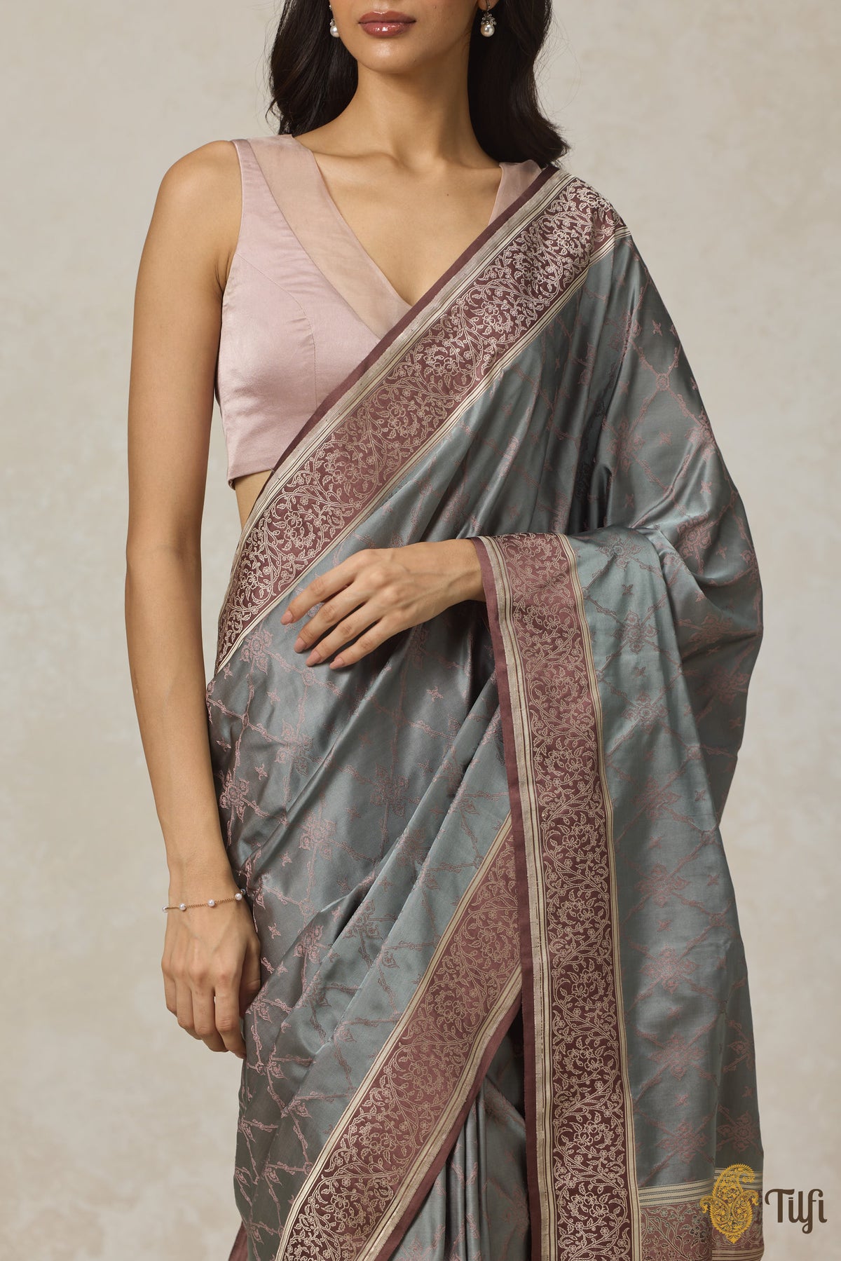 Blue-Grey Brown Pure Soft Satin Tanchoi Banarasi Handloom Saree