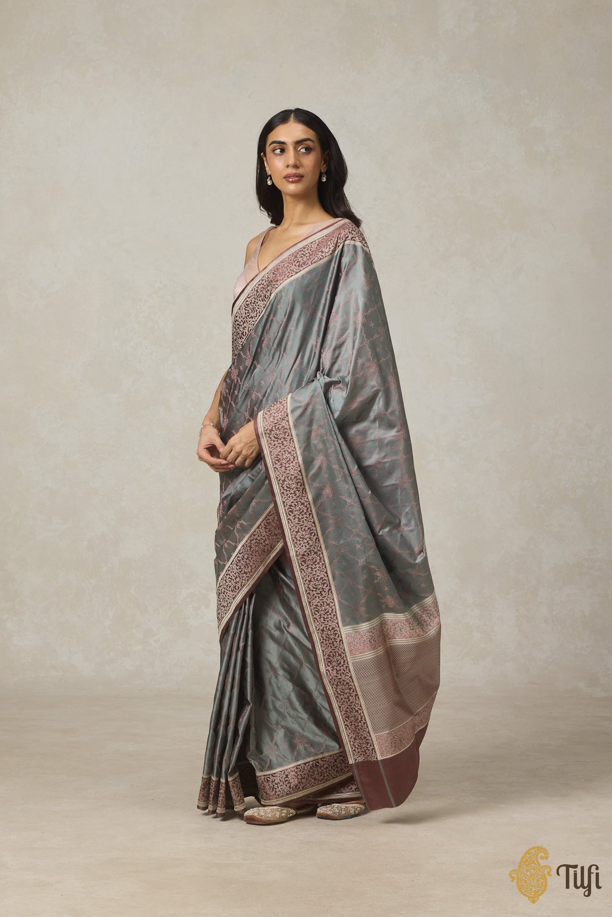 Blue-Grey Brown Pure Soft Satin Tanchoi Banarasi Handloom Saree