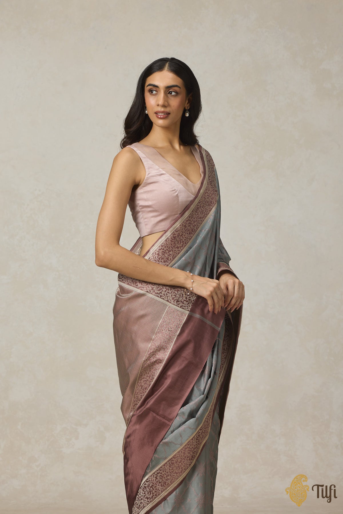 Blue-Grey Brown Pure Soft Satin Tanchoi Banarasi Handloom Saree