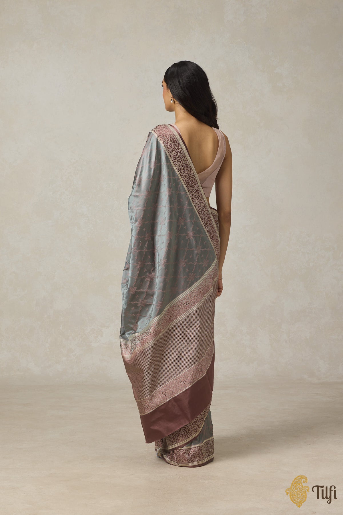 Blue-Grey Brown Pure Soft Satin Tanchoi Banarasi Handloom Saree