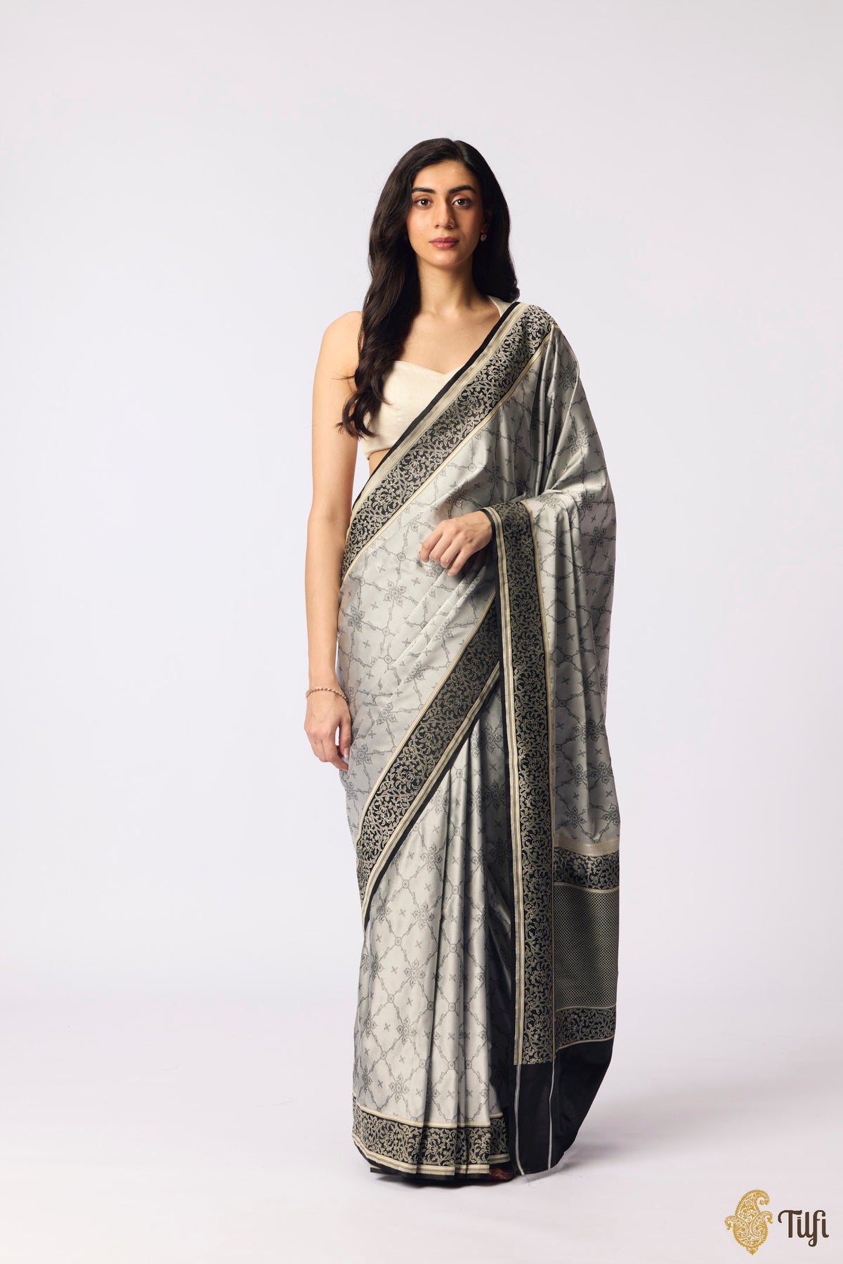 Grey-Black Pure Soft Satin Tanchoi Banarasi Handloom Saree