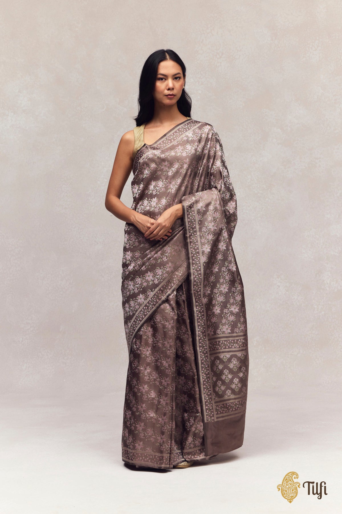 'First Bloom' Grey-Brown Pure Soft Satin Silk Banarasi Handloom Saree