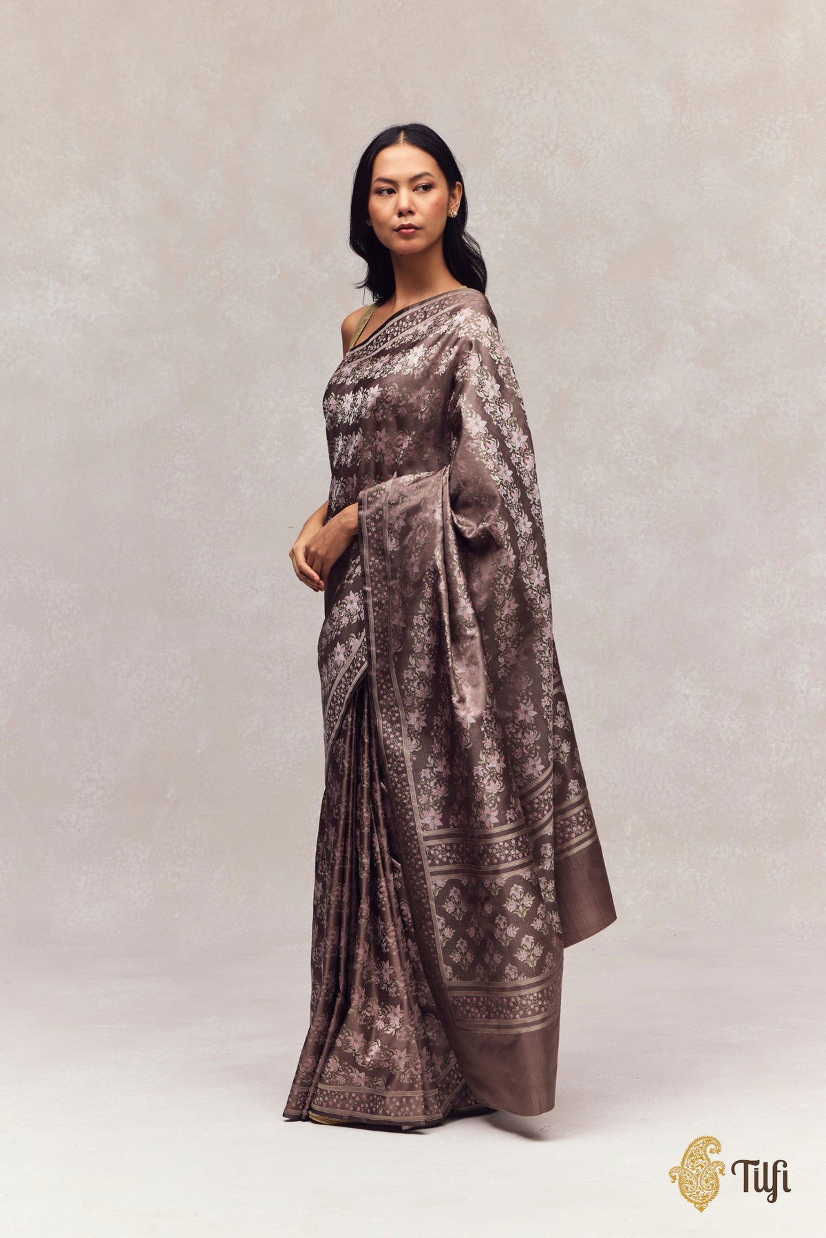 'First Bloom' Grey-Brown Pure Soft Satin Silk Banarasi Handloom Saree