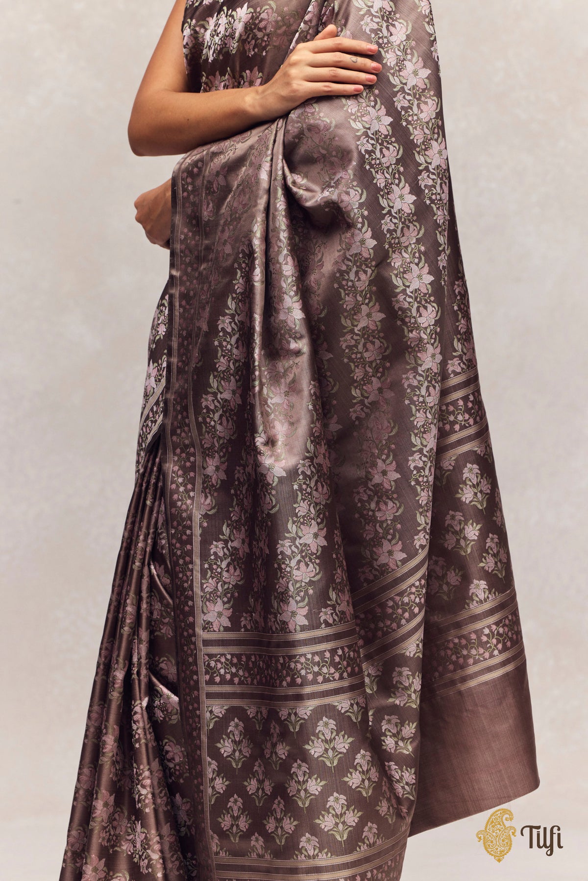 'First Bloom' Grey-Brown Pure Soft Satin Silk Banarasi Handloom Saree