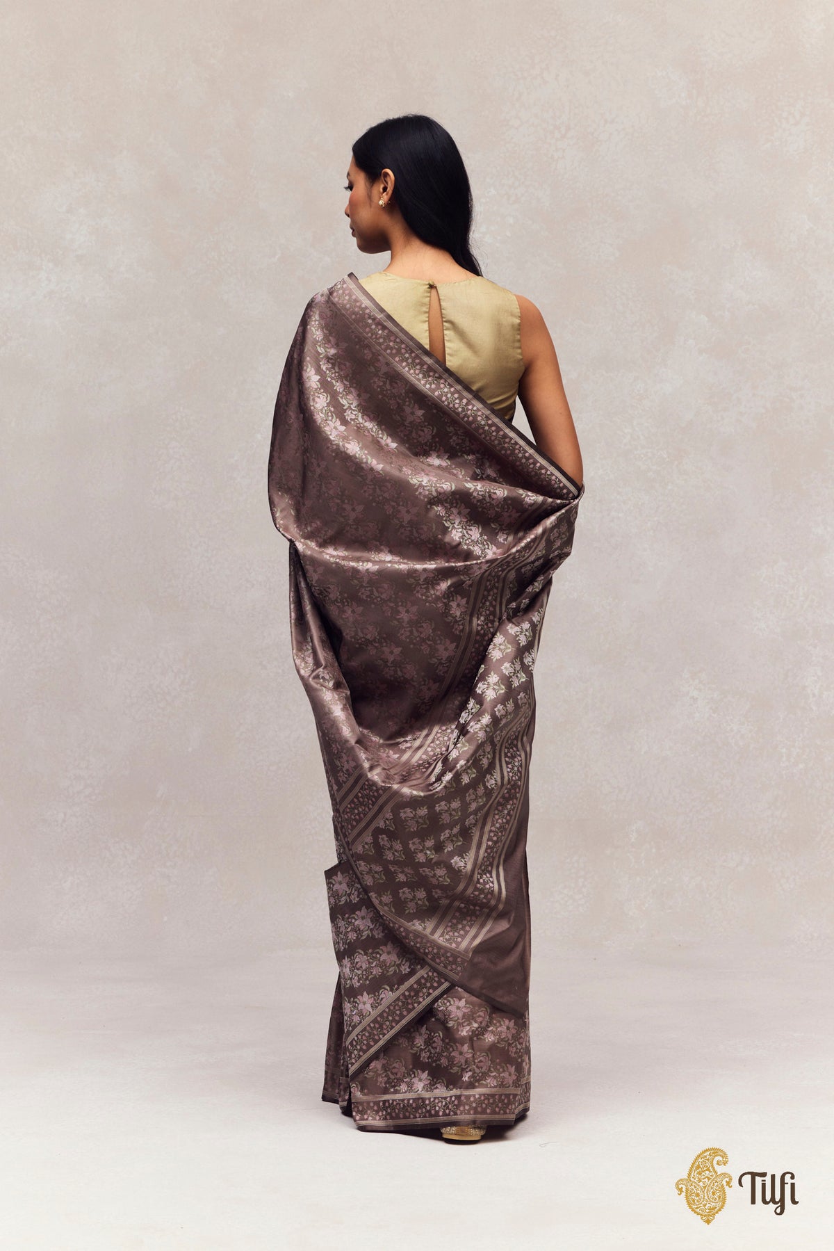 'First Bloom' Grey-Brown Pure Soft Satin Silk Banarasi Handloom Saree