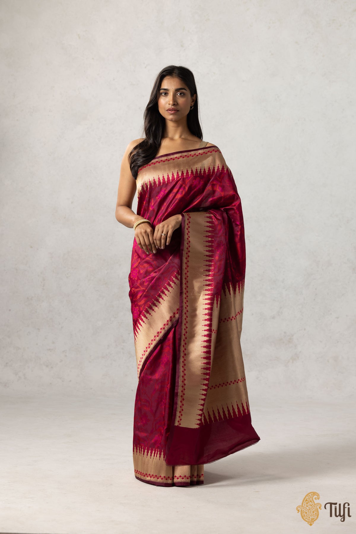 Garnet-Red Pure Soft Satin Silk Banarasi Handloom Saree