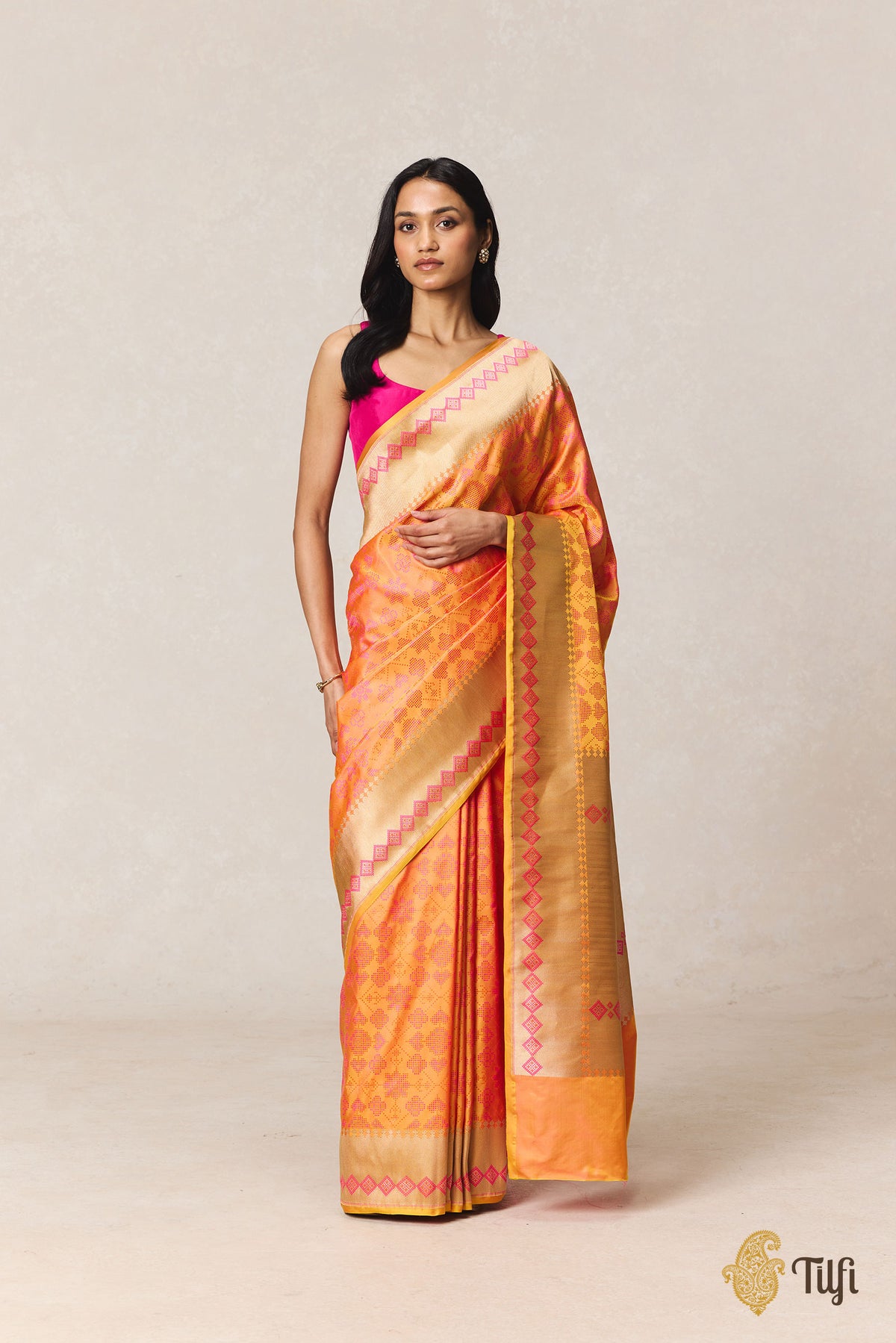 Orange Yellow Pure Soft Satin Silk Banarasi Handloom Saree