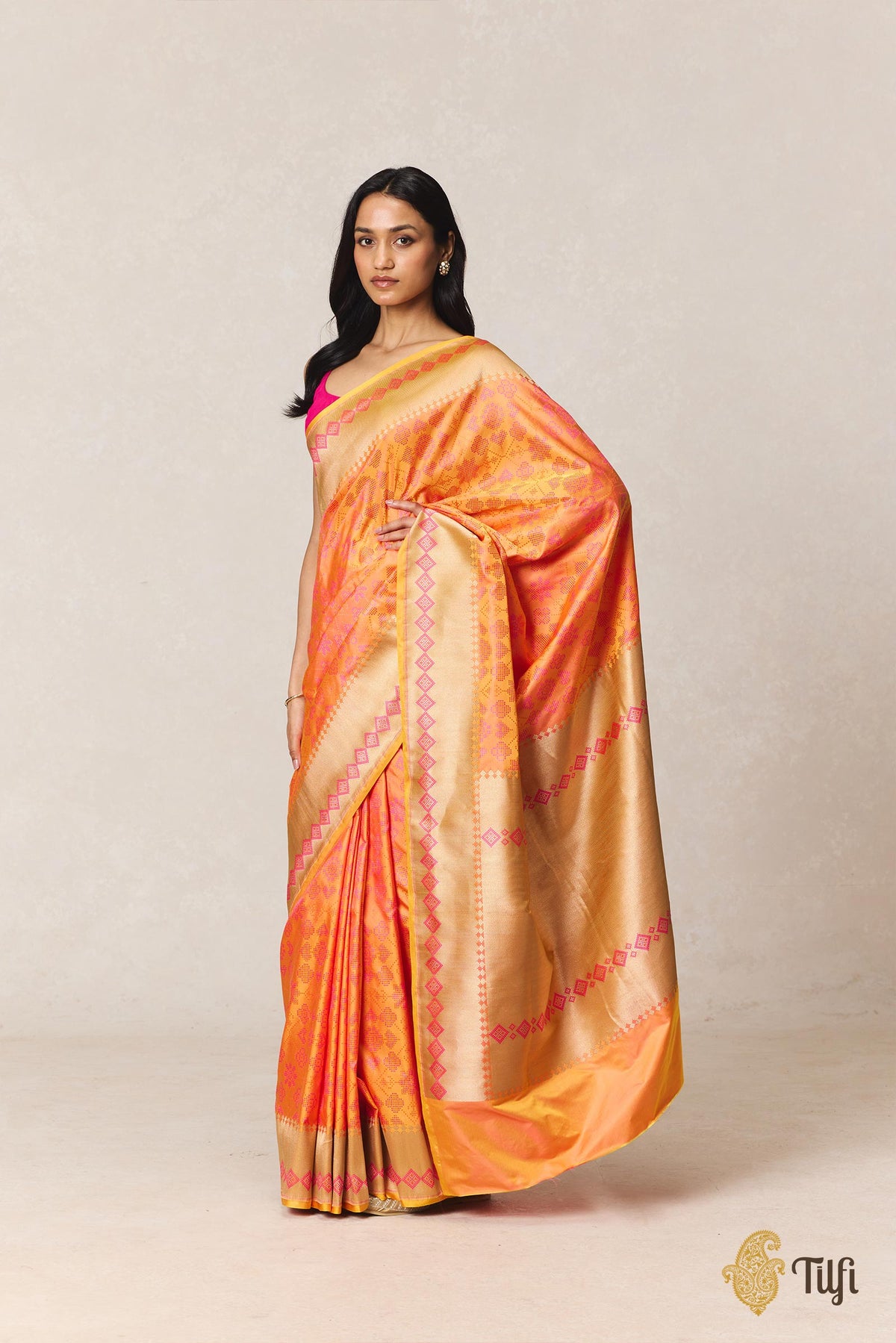 Orange Yellow Pure Soft Satin Silk Banarasi Handloom Saree