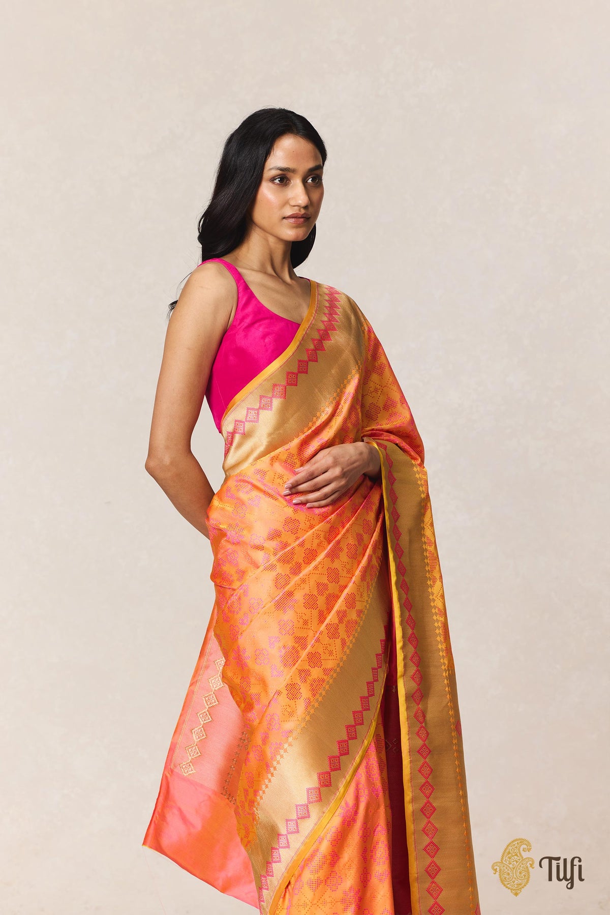 Orange Yellow Pure Soft Satin Silk Banarasi Handloom Saree