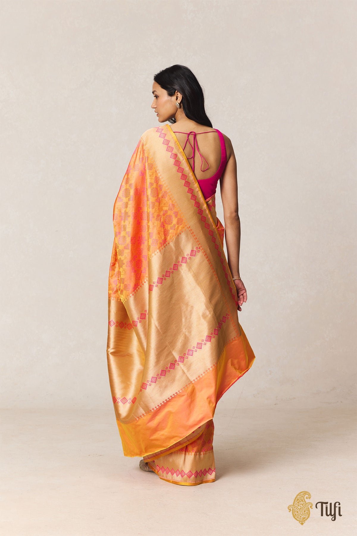 Orange Yellow Pure Soft Satin Silk Banarasi Handloom Saree