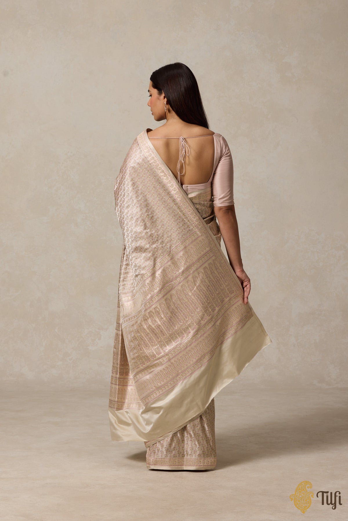 Beige Pure Soft Satin Silk Tanchoi Jamawar Banarasi Handloom Saree