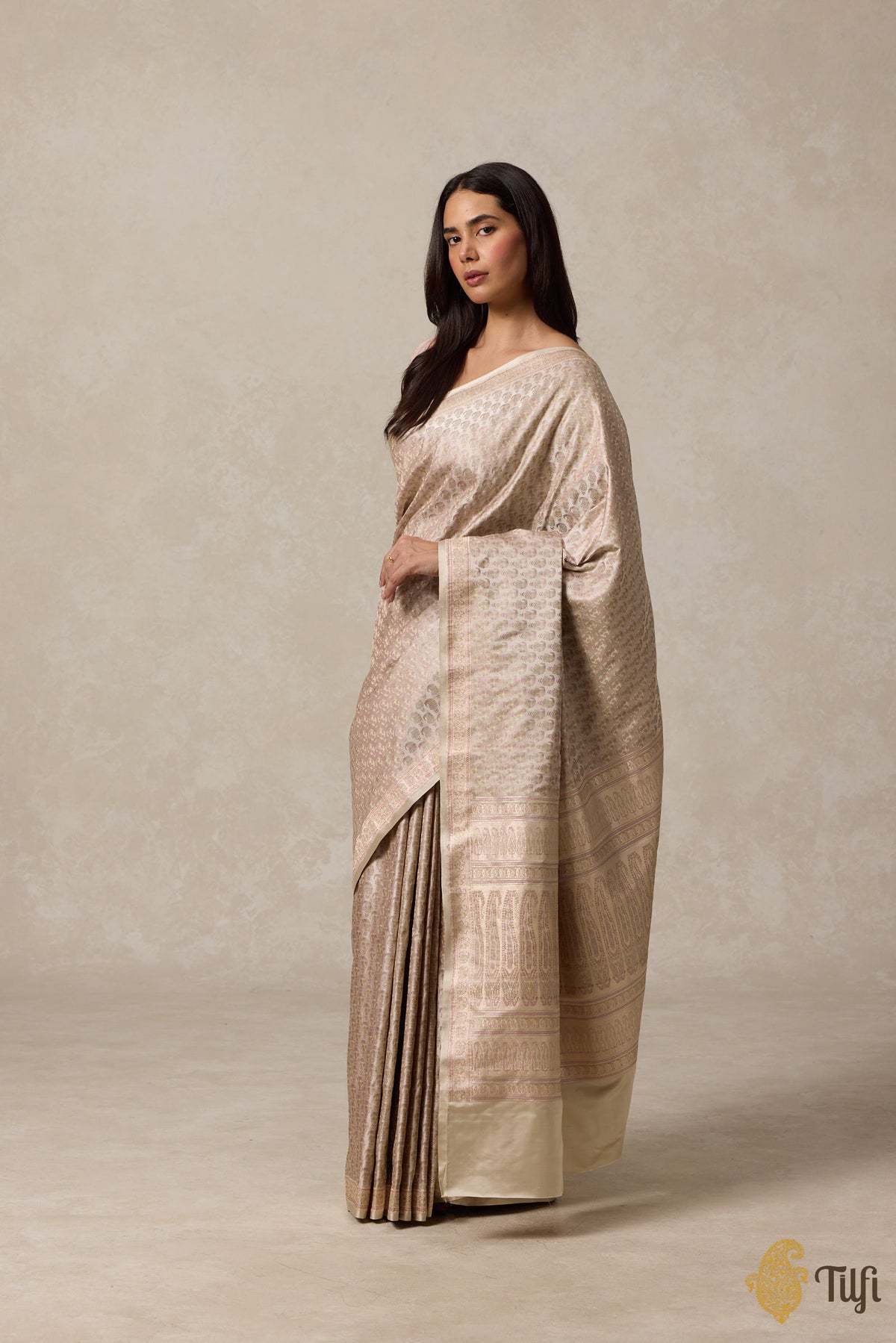 Beige Pure Soft Satin Silk Tanchoi Jamawar Banarasi Handloom Saree