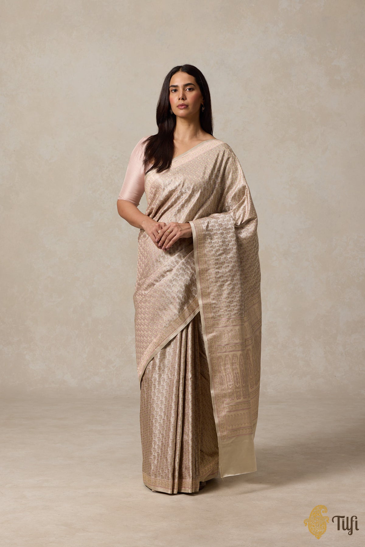 Beige Pure Soft Satin Silk Tanchoi Jamawar Banarasi Handloom Saree