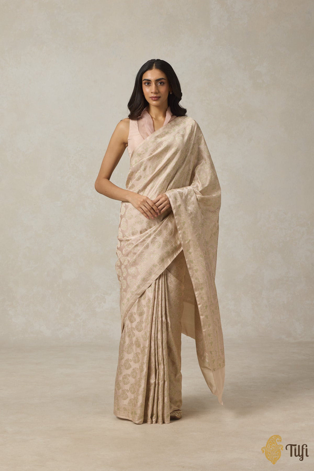 Beige Pure Soft Satin Silk Tanchoi Jamawar Banarasi Handloom Saree